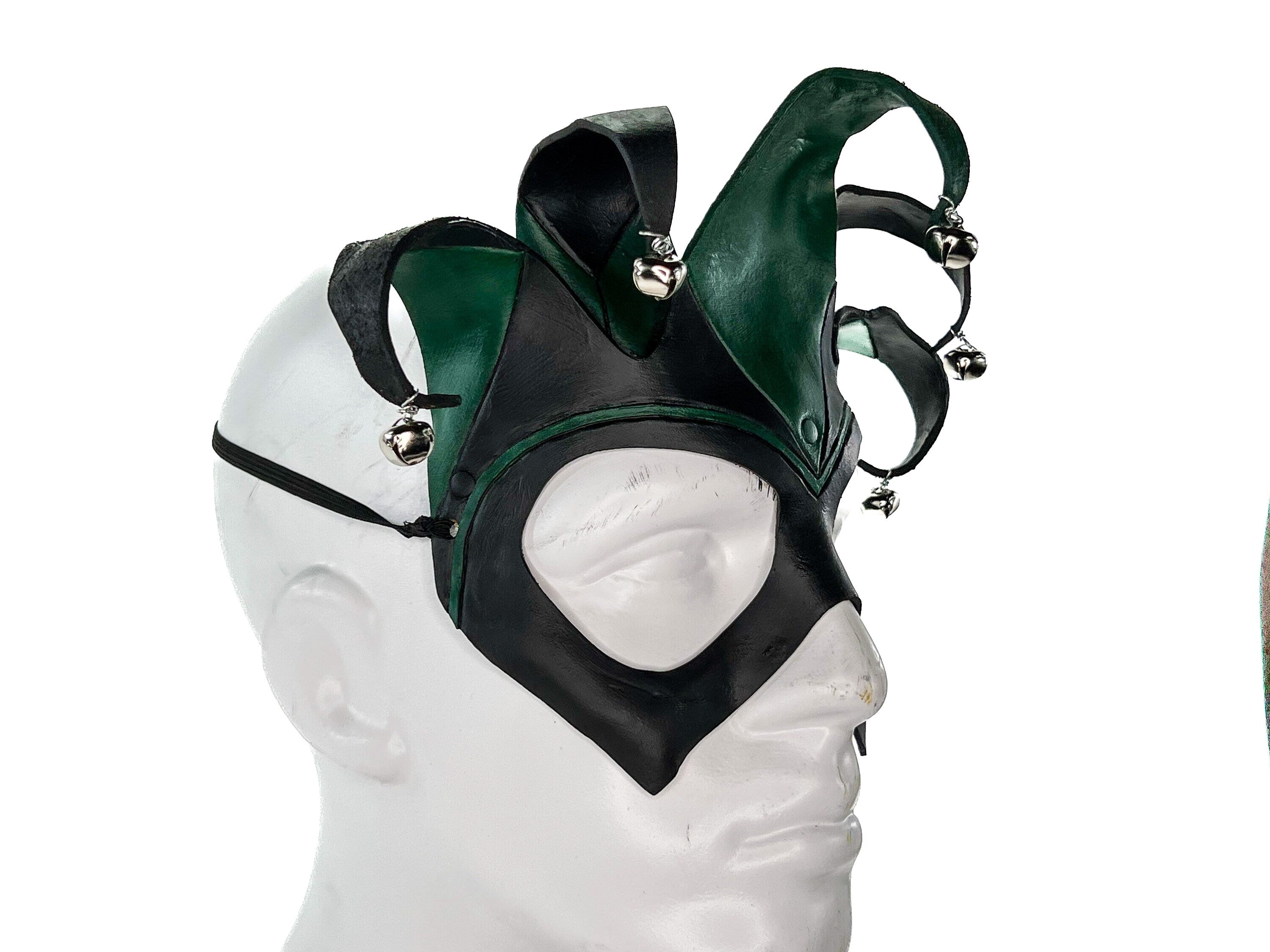 Handmade Genuine Leather Five Point Jester Mask in Green and Black Rockwell Masks