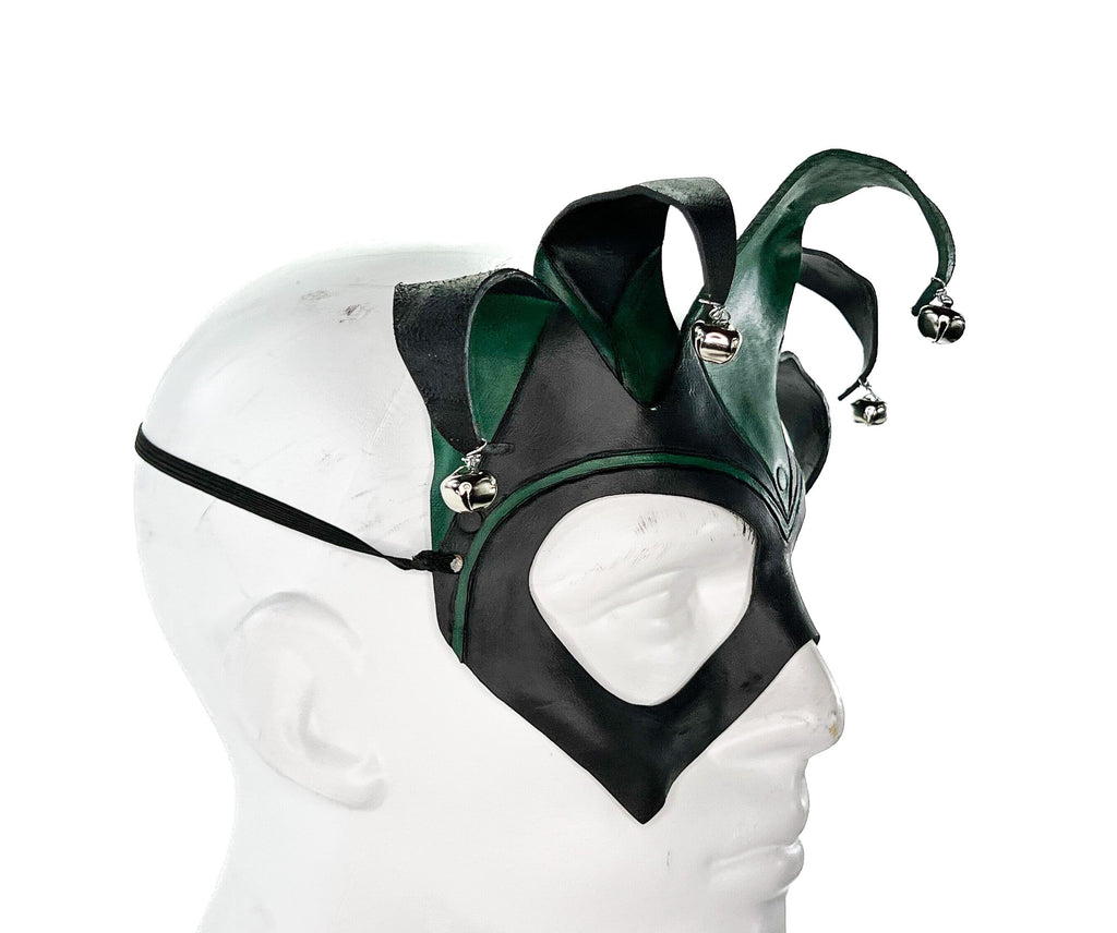Handmade Genuine Leather Five Point Jester Mask in Green and Black Rockwell Masks