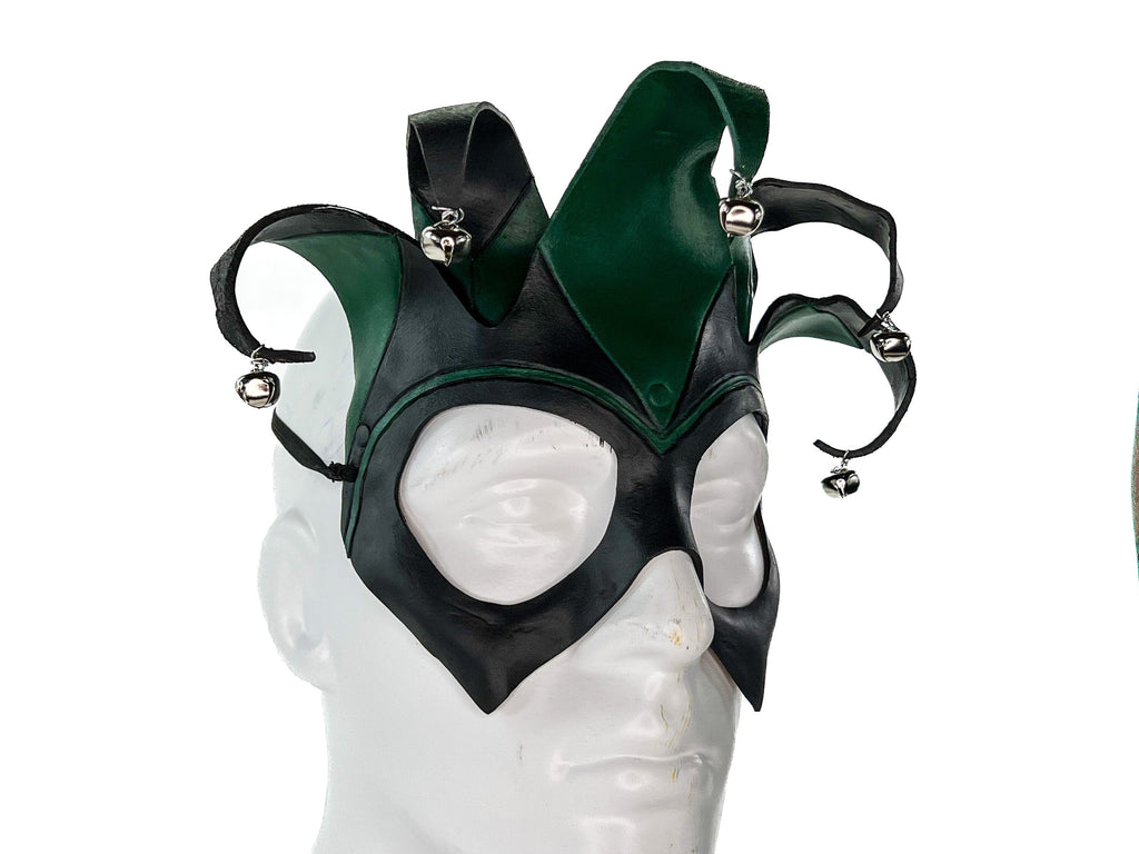 Handmade Genuine Leather Five Point Jester Mask in Green and Black Rockwell Masks