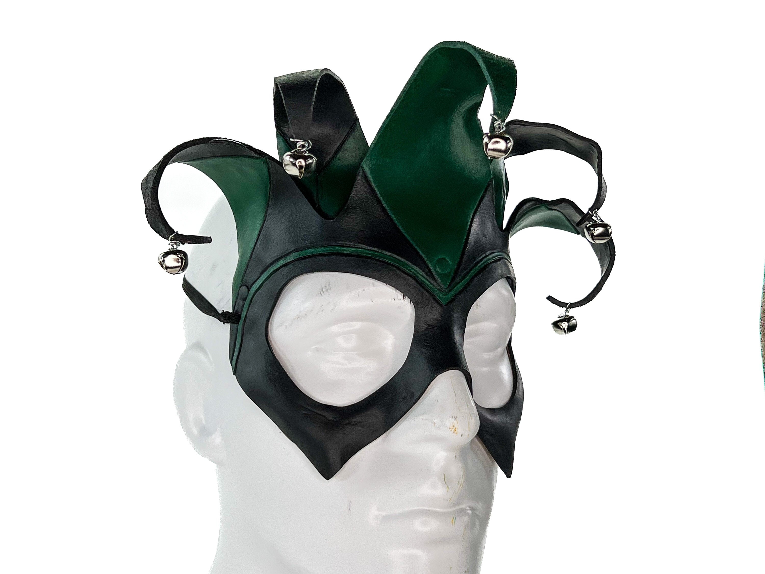 Handmade Genuine Leather Five Point Jester Mask in Green and Black Rockwell Masks