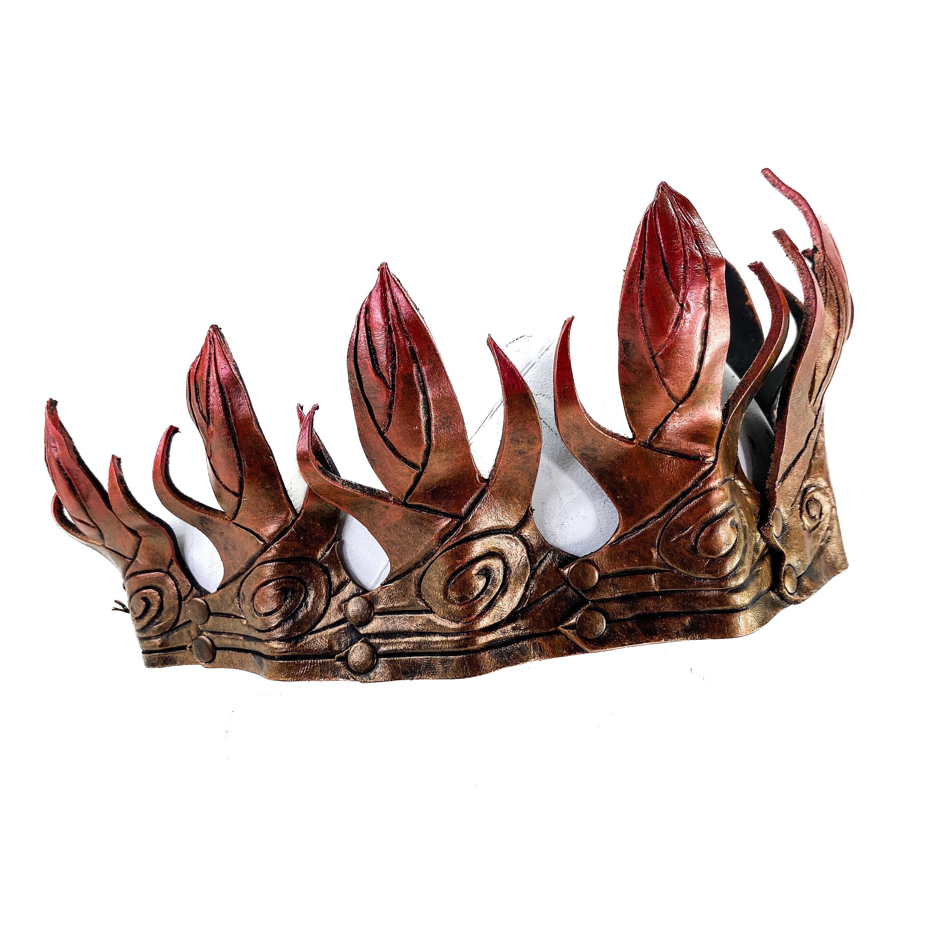 Masquerade Crown of Handmade Genuine Leather in  Gold and red gradient Rockwell Masks