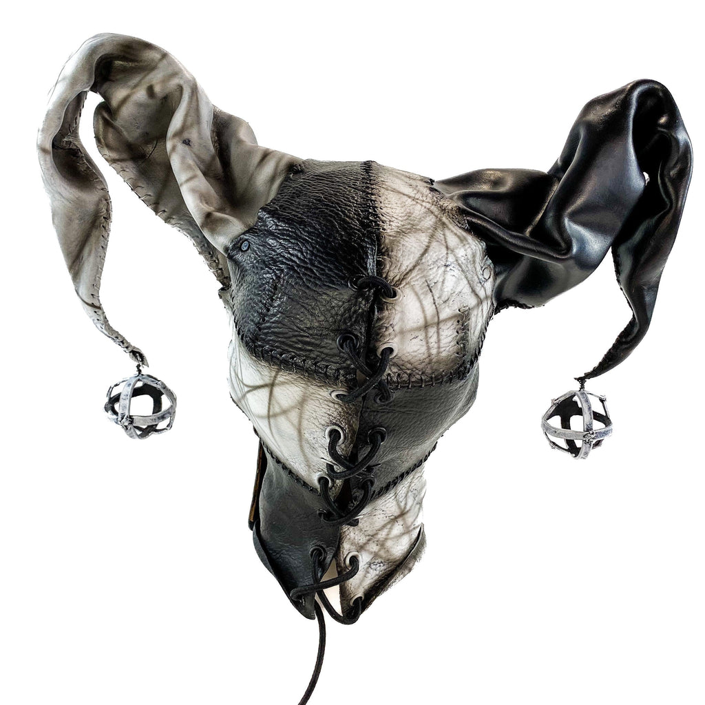 In Stock - Handcrafted Genuine Leather Jester Mask in Black and White Rockwell Masks