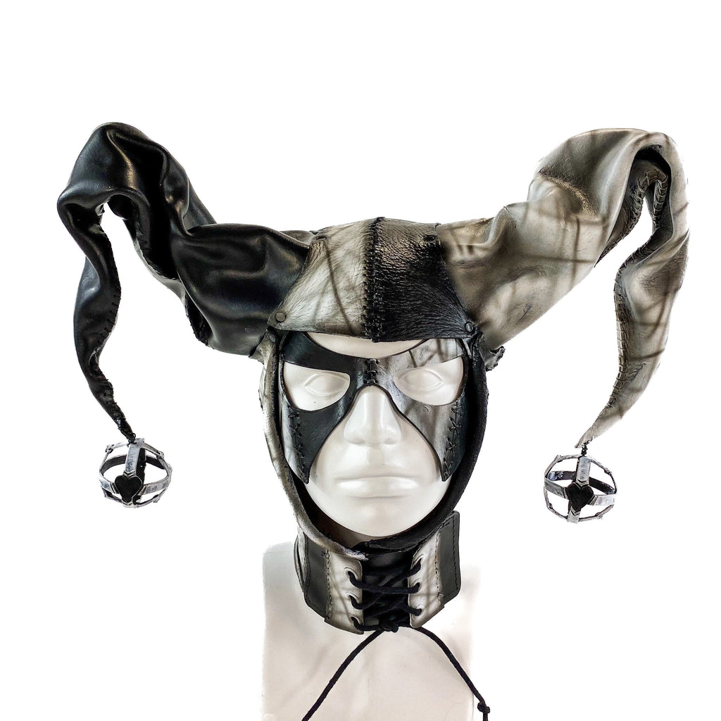 In Stock - Handcrafted Genuine Leather Jester Mask in Black and White Rockwell Masks