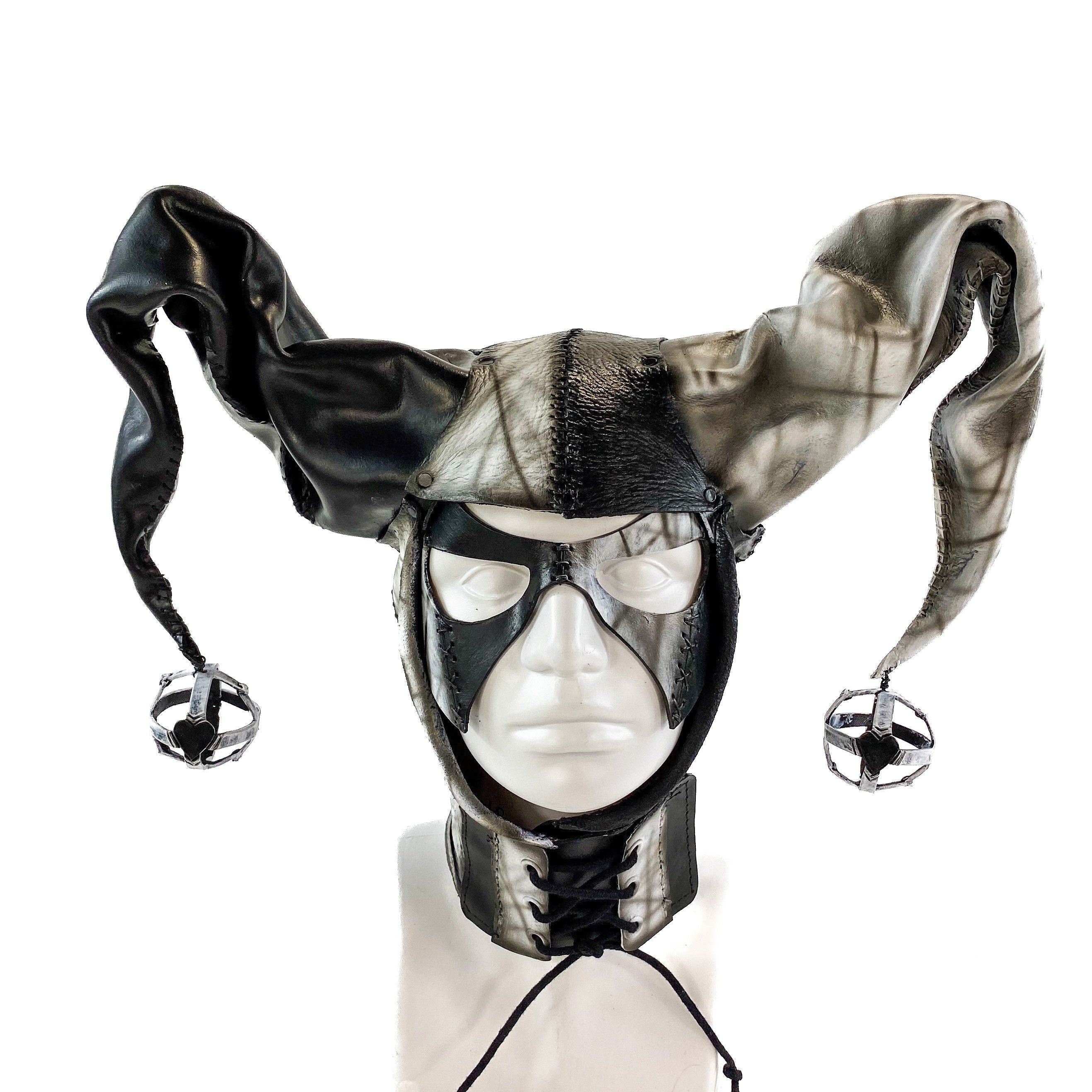 In Stock - Handcrafted Genuine Leather Jester Mask in Black and White Rockwell Masks