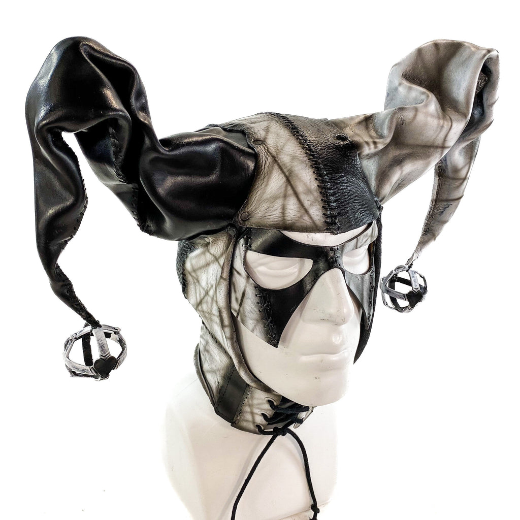 In Stock - Handcrafted Genuine Leather Jester Mask in Black and White Rockwell Masks
