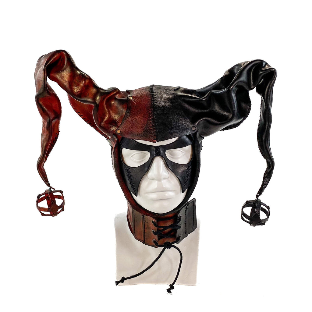 Jester Helmet Genuine Leather Mask in Red and Black Rockwell Masks
