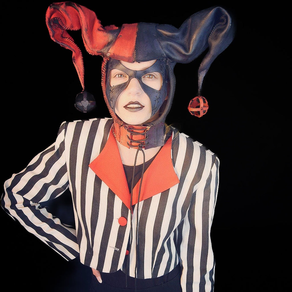Jester Helmet Genuine Leather Mask in Red and Black Rockwell Masks