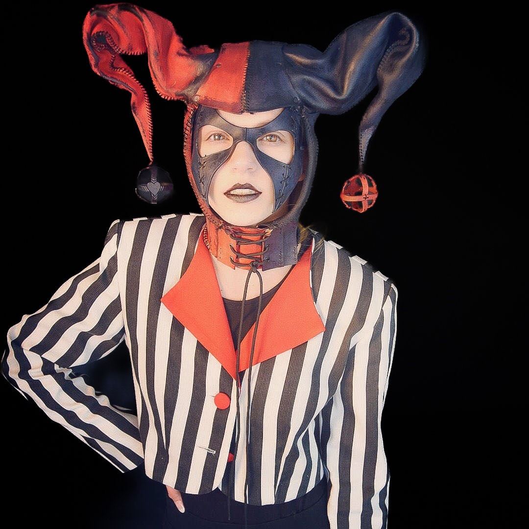 Jester Helmet Genuine Leather Mask in Red and Black Rockwell Masks