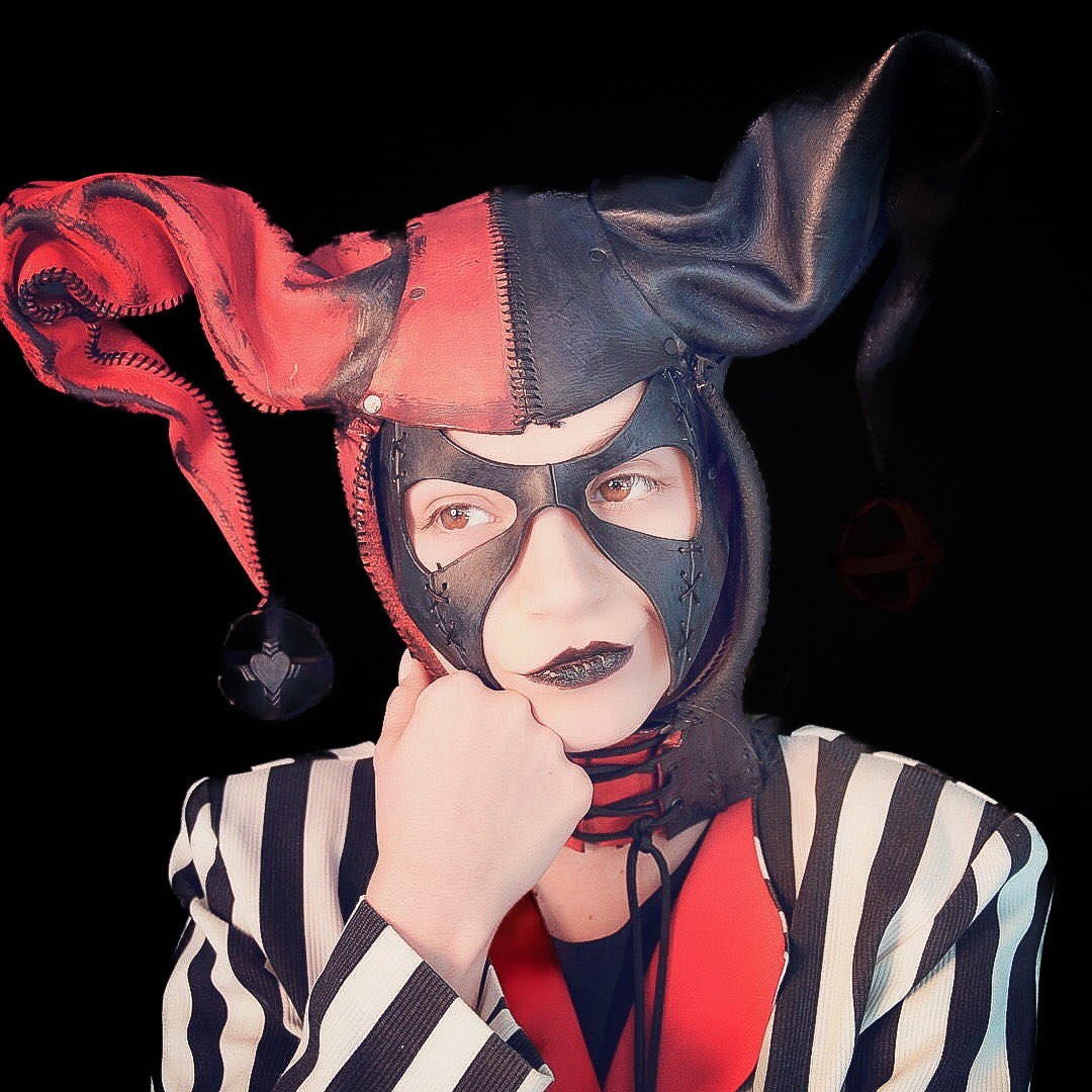 Jester Helmet Genuine Leather Mask in Red and Black Rockwell Masks