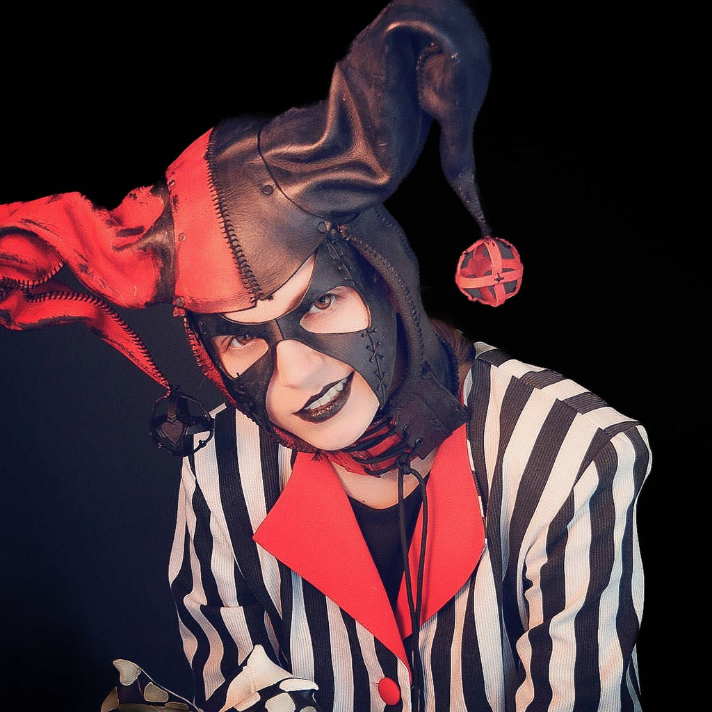 Jester Helmet Genuine Leather Mask in Red and Black Rockwell Masks
