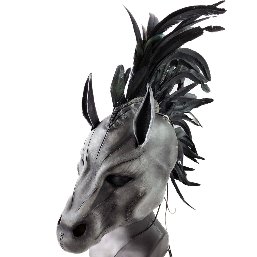 Flying Horse Handmade Genuine Leather Mask with Feathers Rockwell Masks
