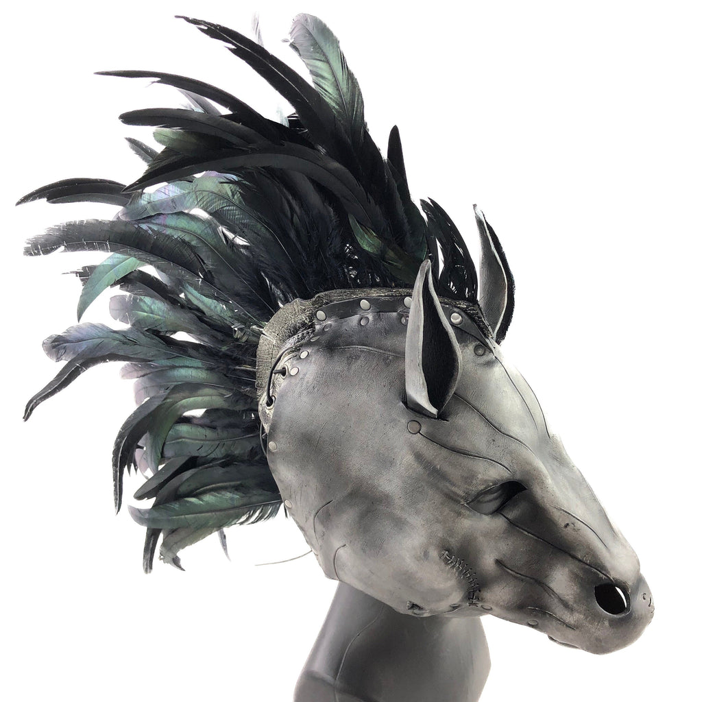 Flying Horse Handmade Genuine Leather Mask with Feathers Rockwell Masks