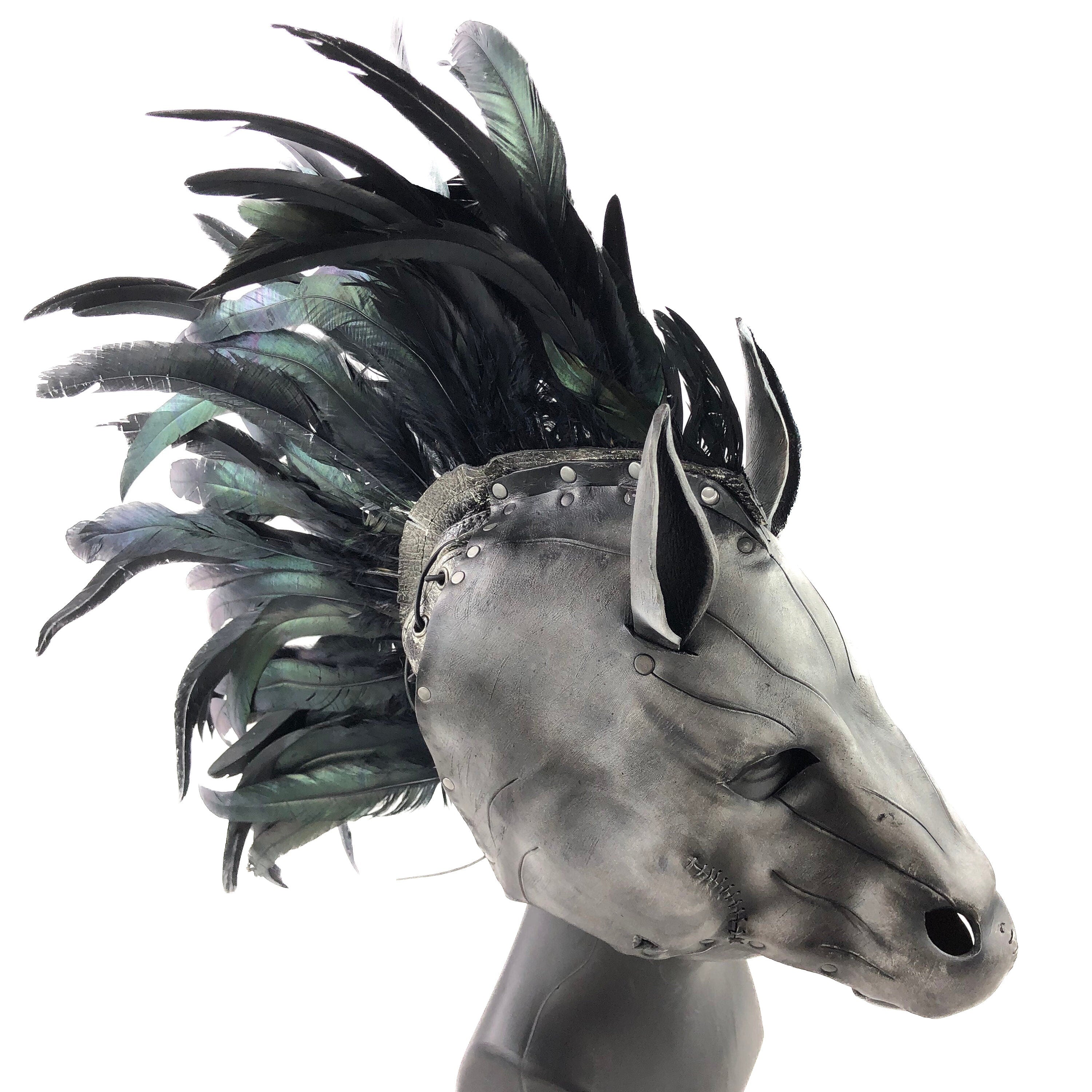 Flying Horse Handmade Genuine Leather Mask with Feathers Rockwell Masks