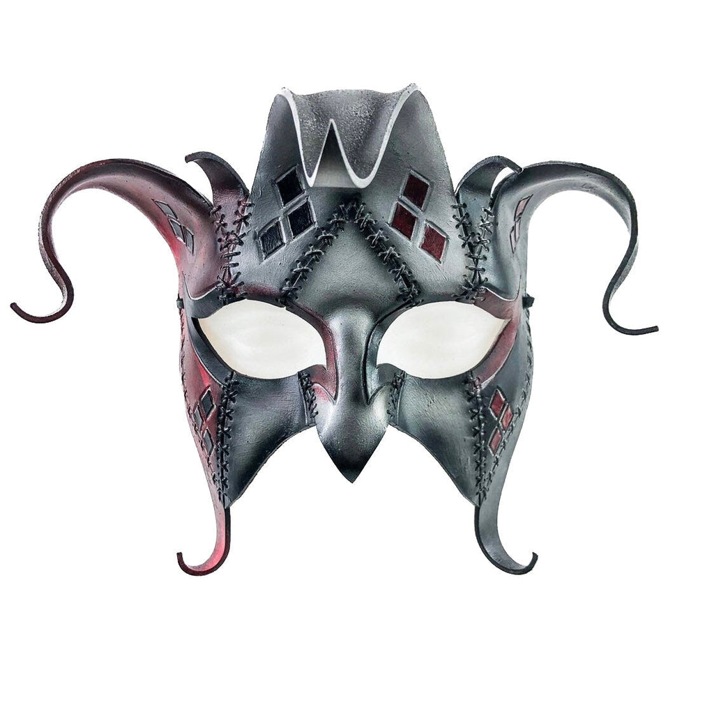 The Joker's Card-Joker Jester Handmade Genuine Leather Mask in Red Rockwell Masks