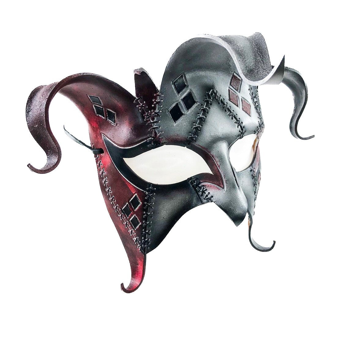 The Joker's Card-Joker Jester Handmade Genuine Leather Mask in Red Rockwell Masks