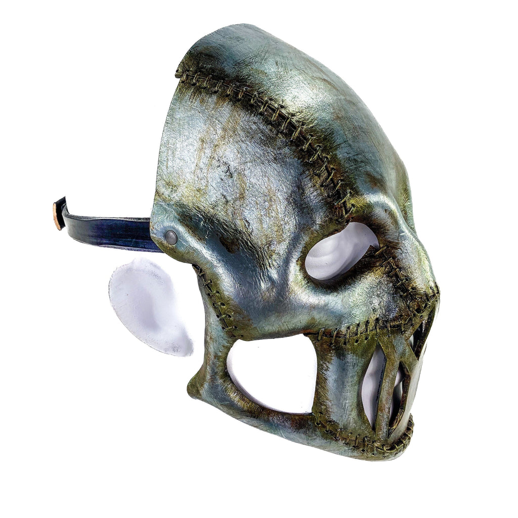 Invader - Genuine Leather Mask in Corroded Metallic Paint - Handmade Full Face Cover for Halloween, Performance or Cosplay Rockwell Masks