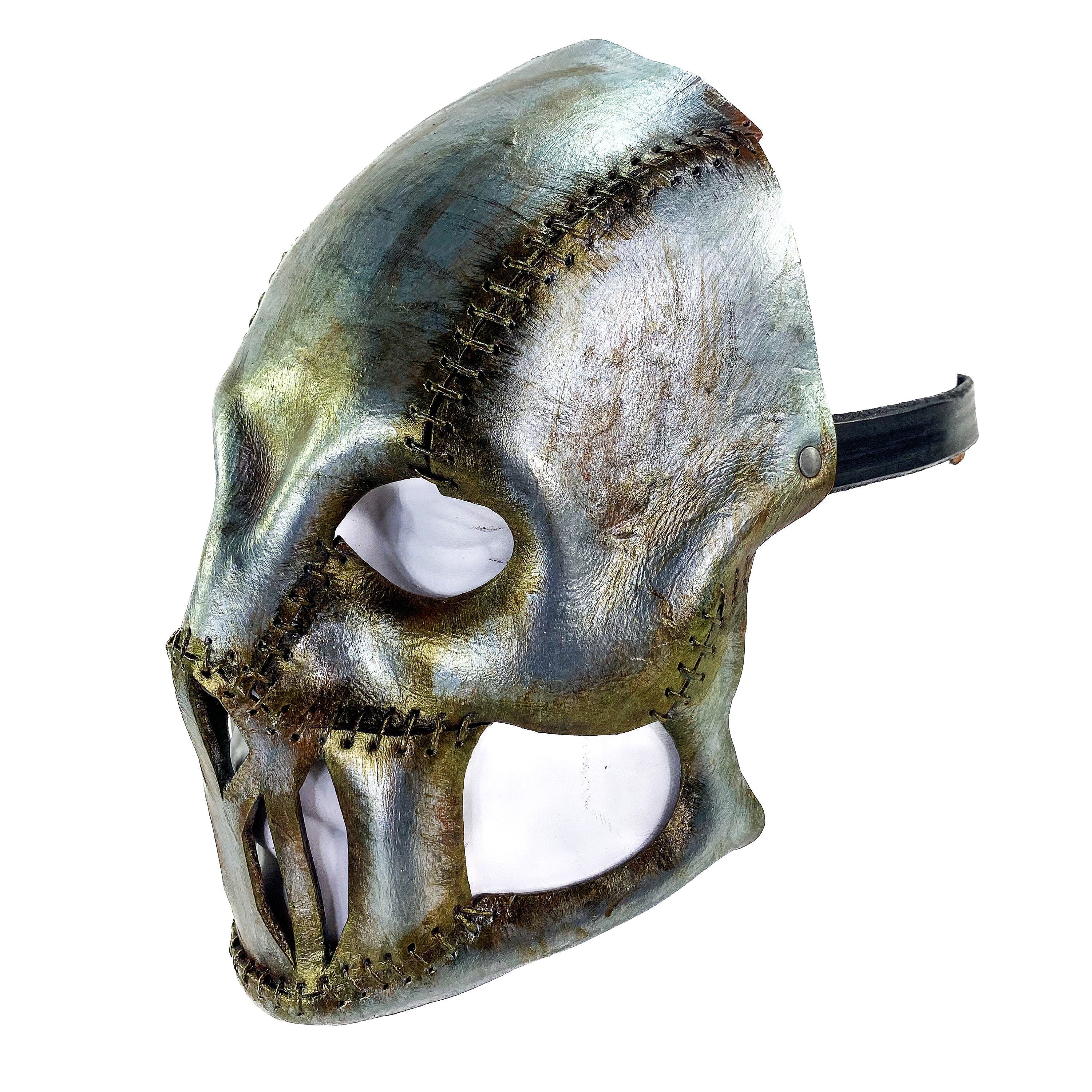 Invader - Genuine Leather Mask in Corroded Metallic Paint - Handmade Full Face Cover for Halloween, Performance or Cosplay Rockwell Masks