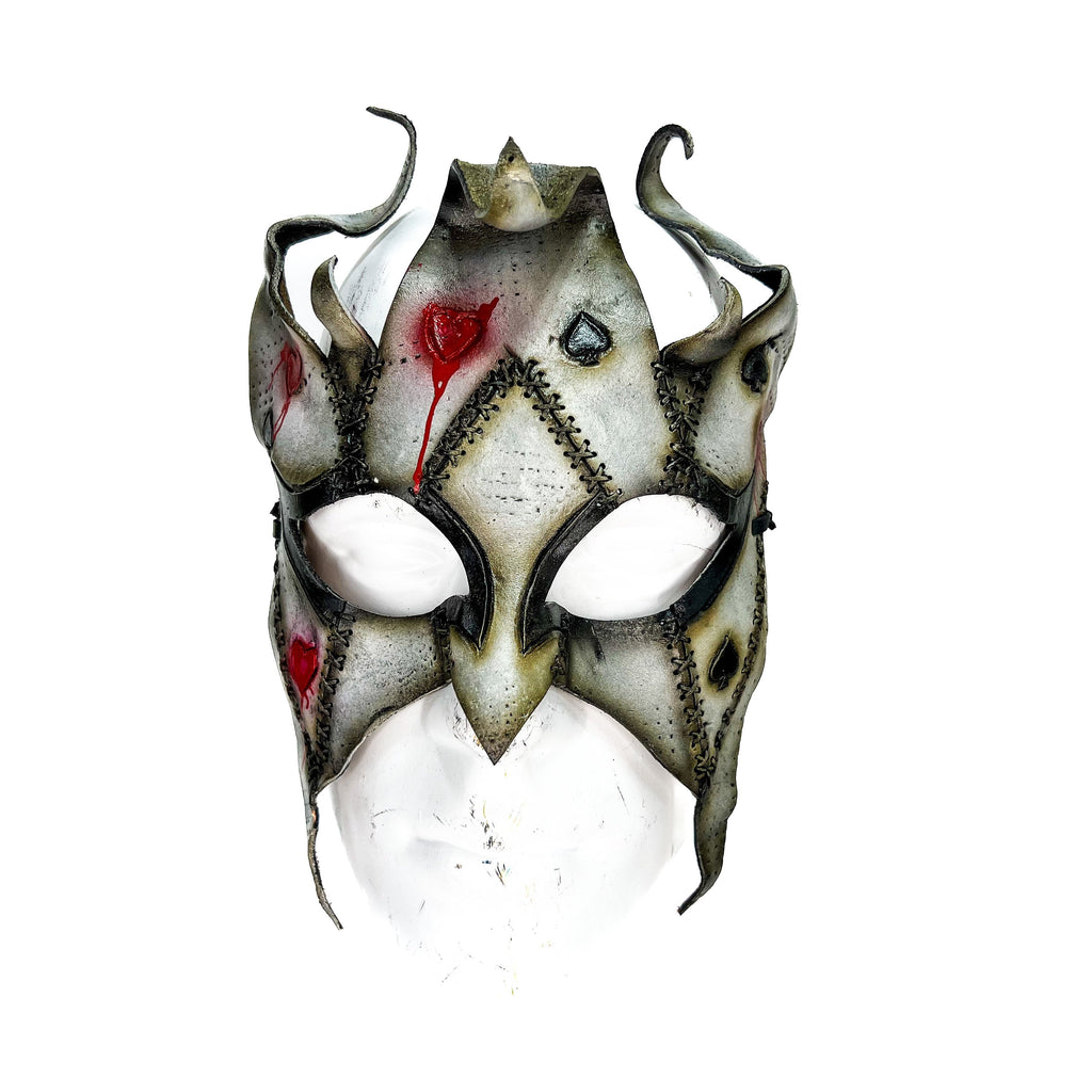 Grungy Joker Jester Handmade Genuine Leather Mask in Red Rockwell Masks
