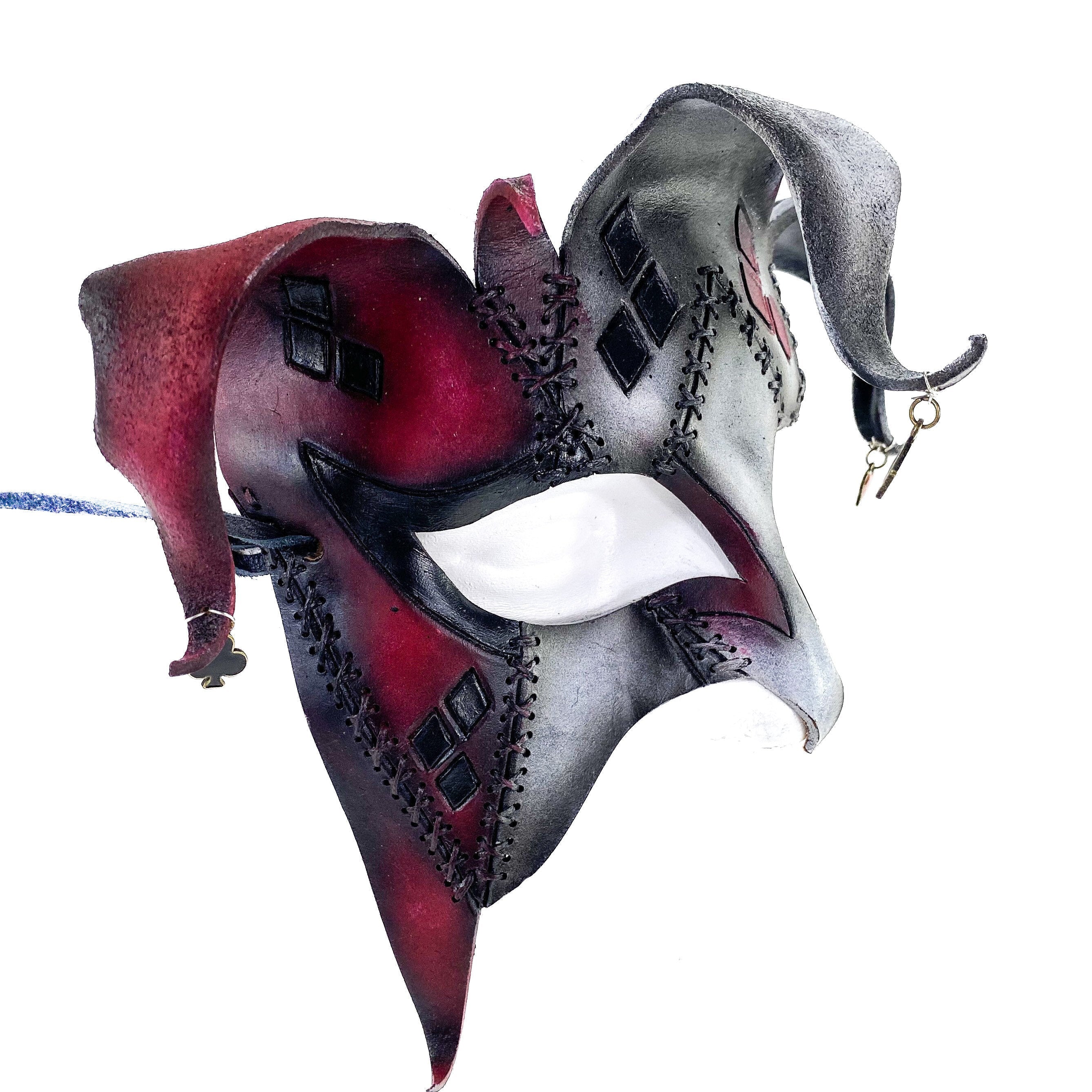 The Joker's Card - Grungy Joker Jester Handmade Genuine Leather Mask in Red with Charms Rockwell Masks