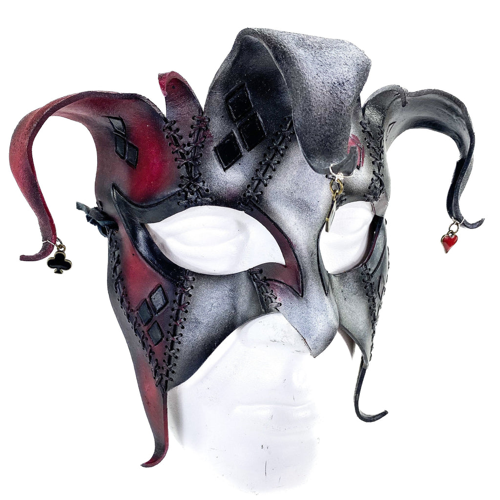 The Joker's Card - Grungy Joker Jester Handmade Genuine Leather Mask in Red with Charms Rockwell Masks