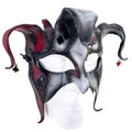 The Joker's Card - Grungy Joker Jester Handmade Genuine Leather Mask in Red with Charms Rockwell Masks