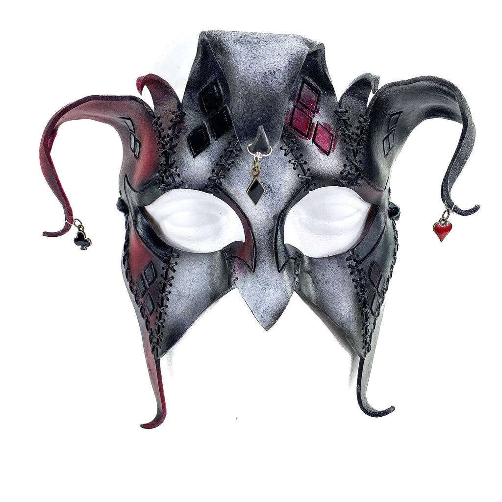 The Joker's Card - Grungy Joker Jester Handmade Genuine Leather Mask in Red with Charms Rockwell Masks