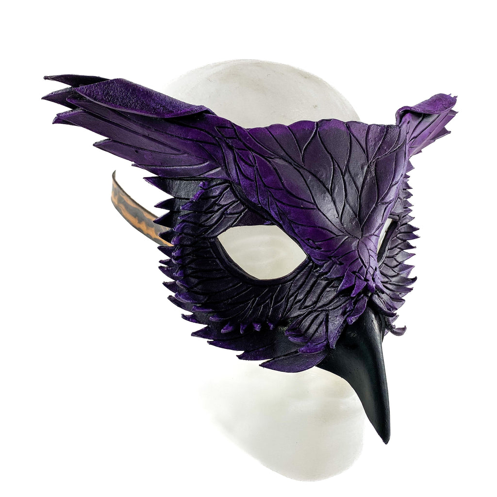 Layered Horned Owl Handmade Genuine Leather Mask in Purple Rockwell Masks