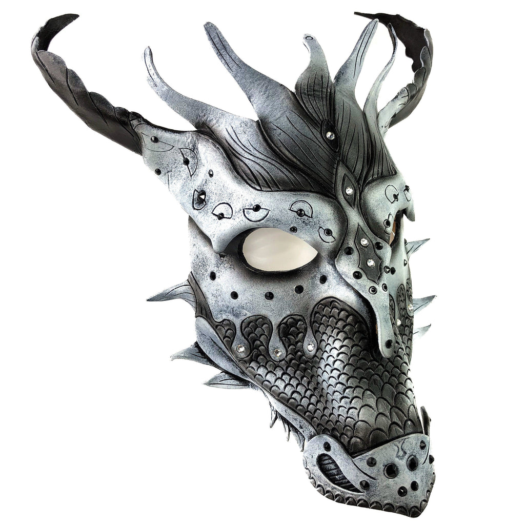 Grey Ancient Dragon Leather Mask with Swarovski Crystals Rockwell Masks