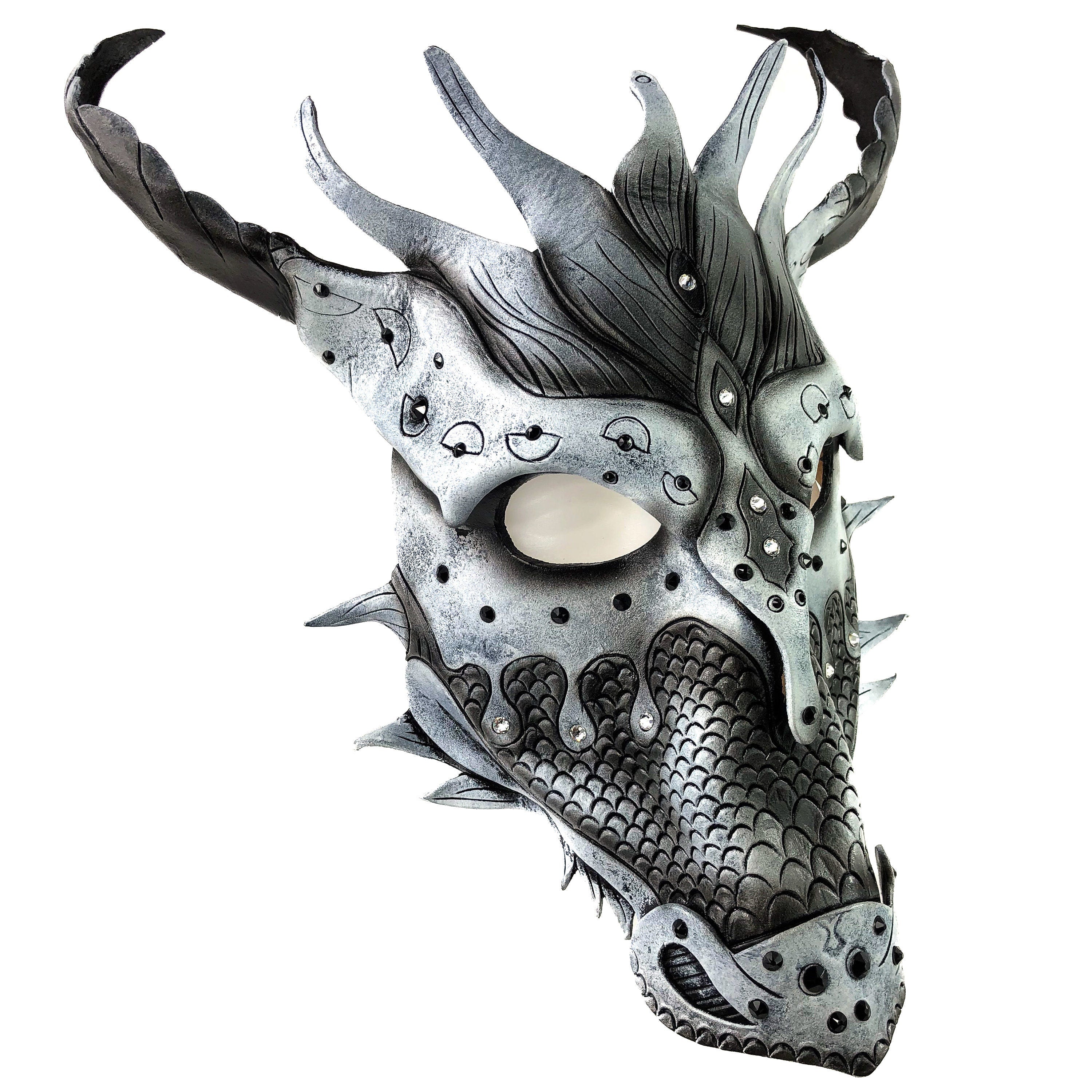 Grey Ancient Dragon Leather Mask with Swarovski Crystals Rockwell Masks