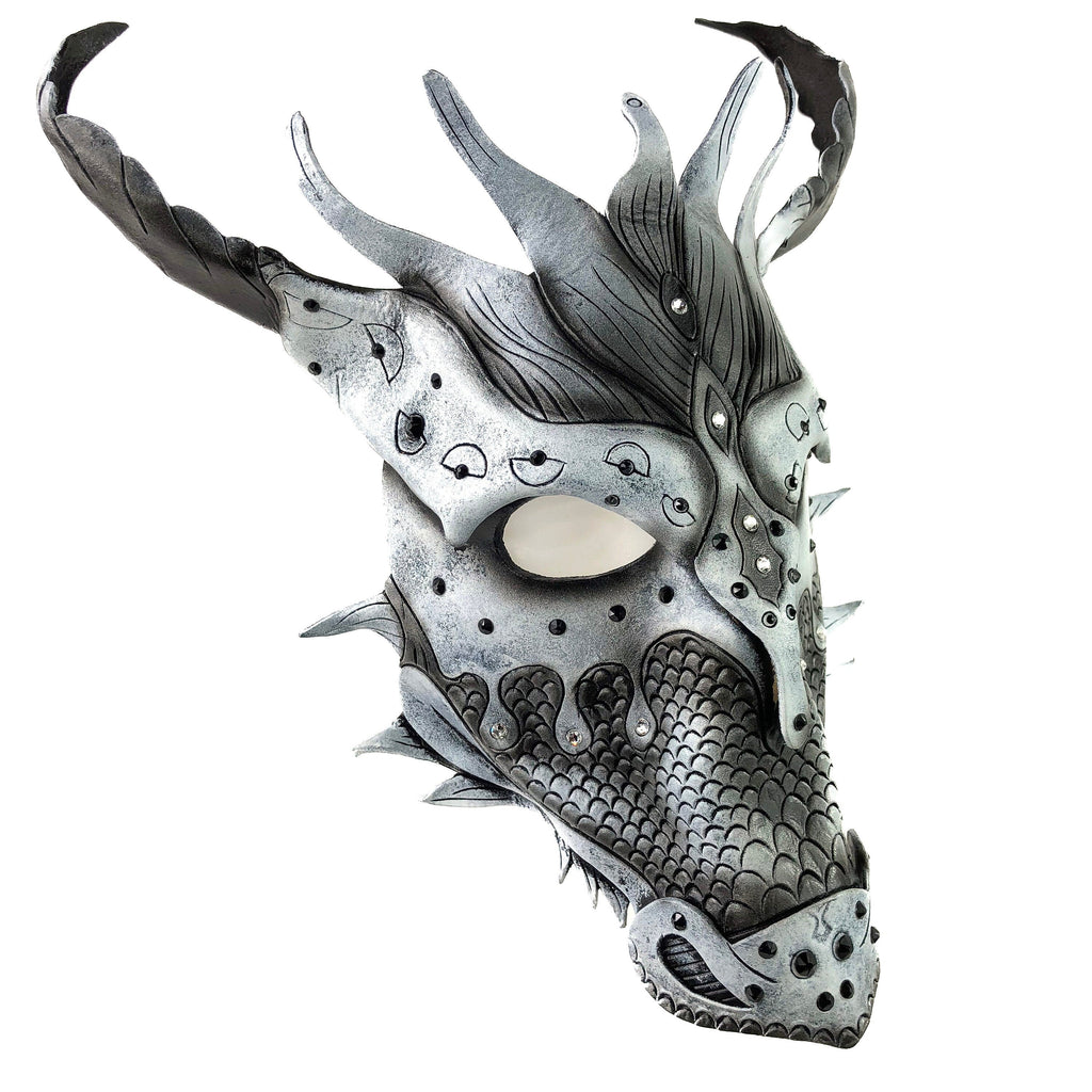 Grey Ancient Dragon Leather Mask with Swarovski Crystals Rockwell Masks
