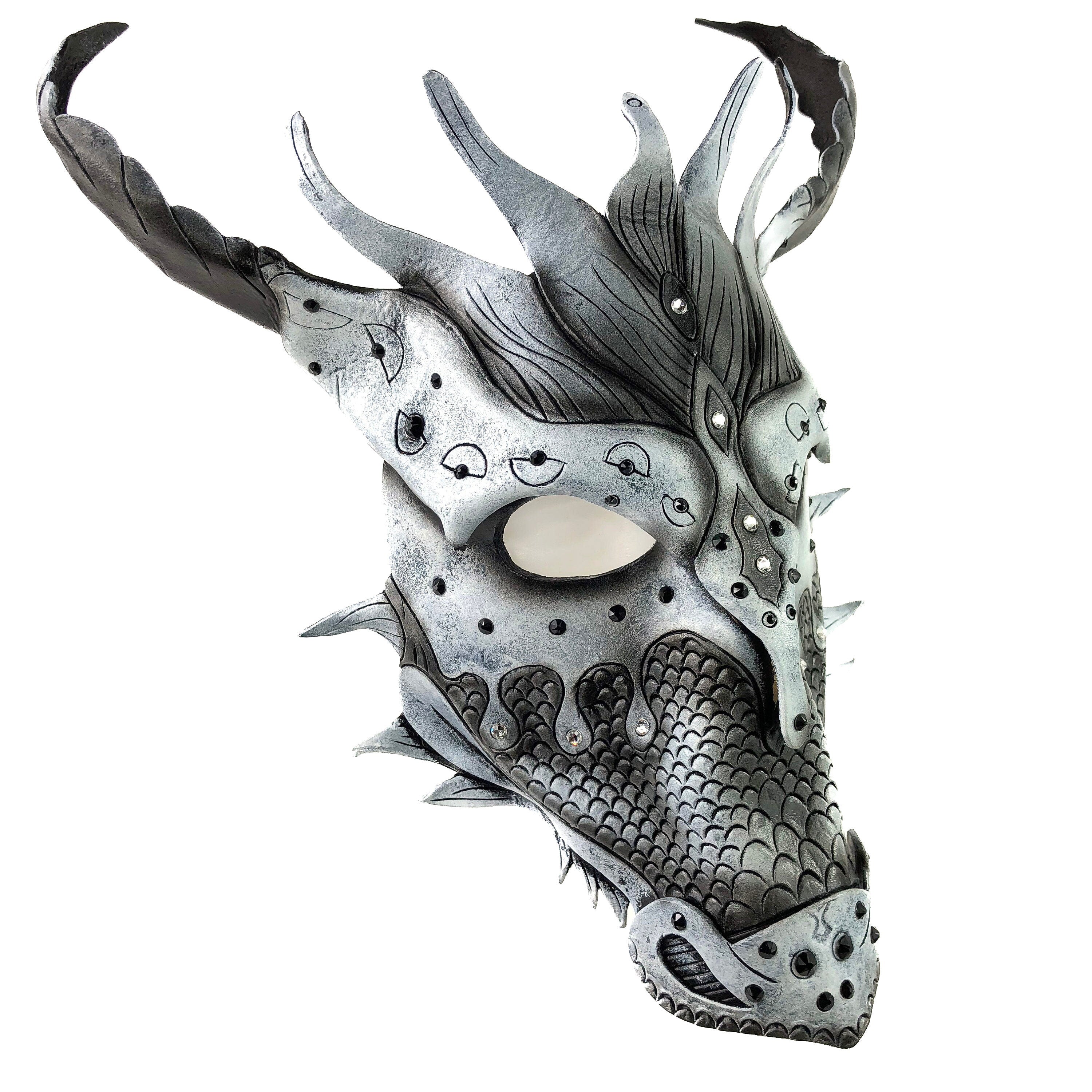 Grey Ancient Dragon Leather Mask with Swarovski Crystals Rockwell Masks