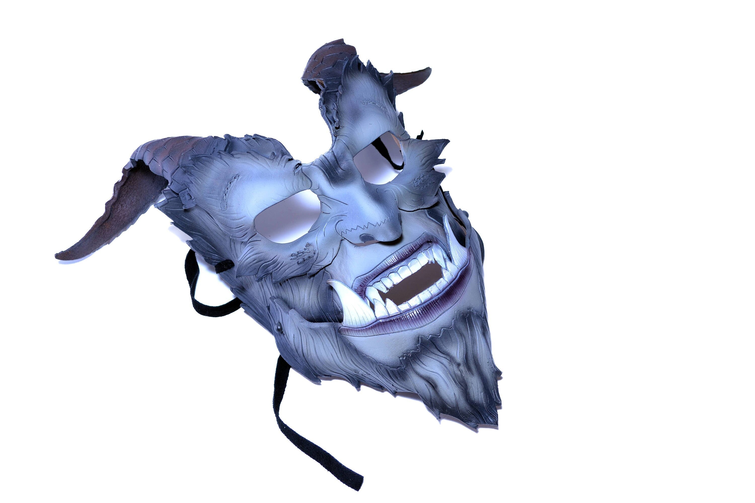 The Beast - Articulating Jaw Handmade Genuine Leather Mask with Horns in Natural Colors Rockwell Masks