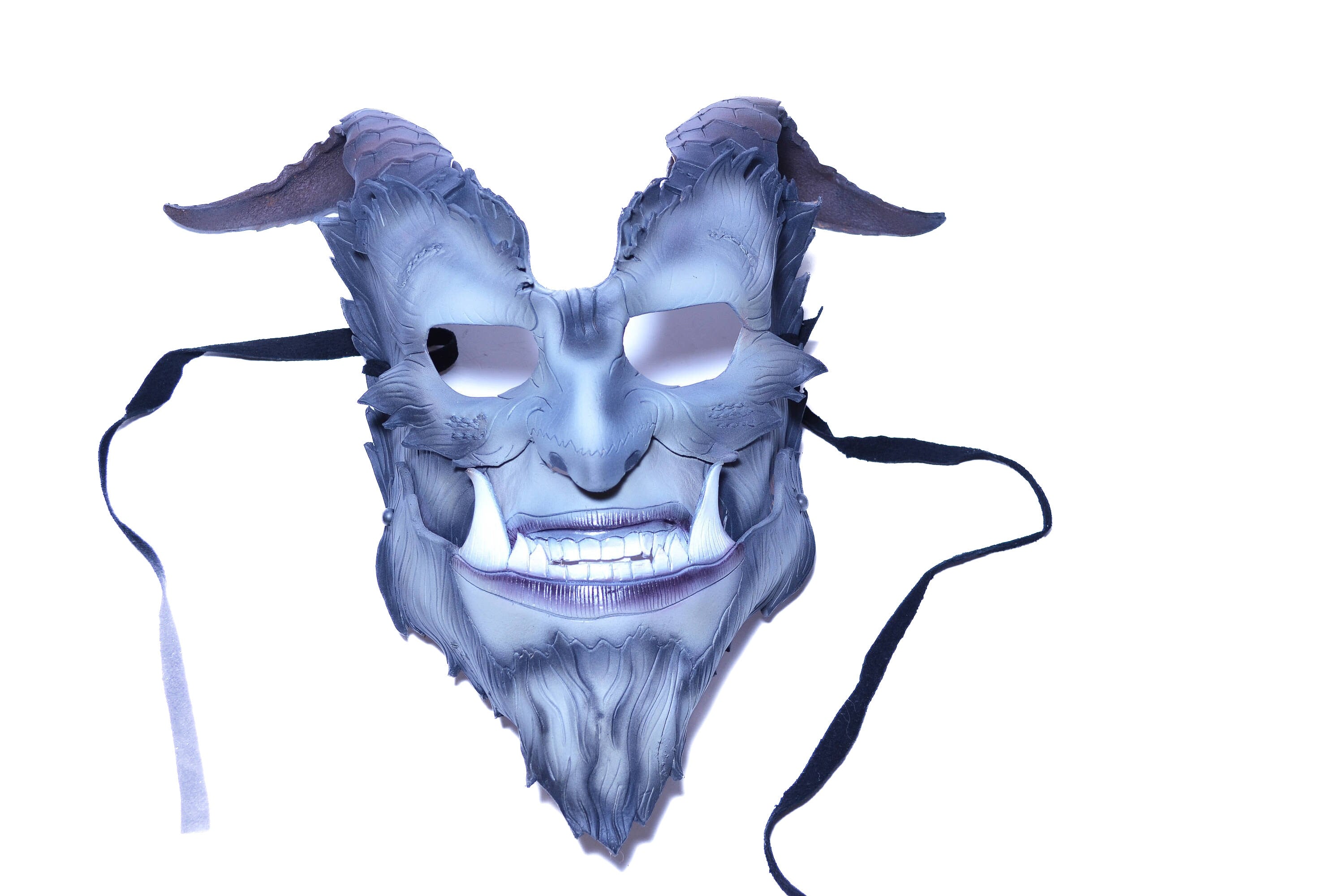 The Beast - Articulating Jaw Handmade Genuine Leather Mask with Horns in Natural Colors Rockwell Masks