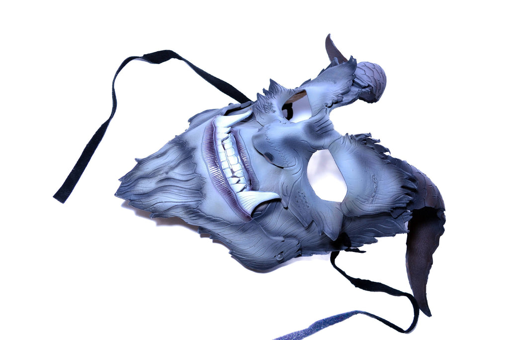 The Beast - Articulating Jaw Handmade Genuine Leather Mask with Horns in Natural Colors Rockwell Masks