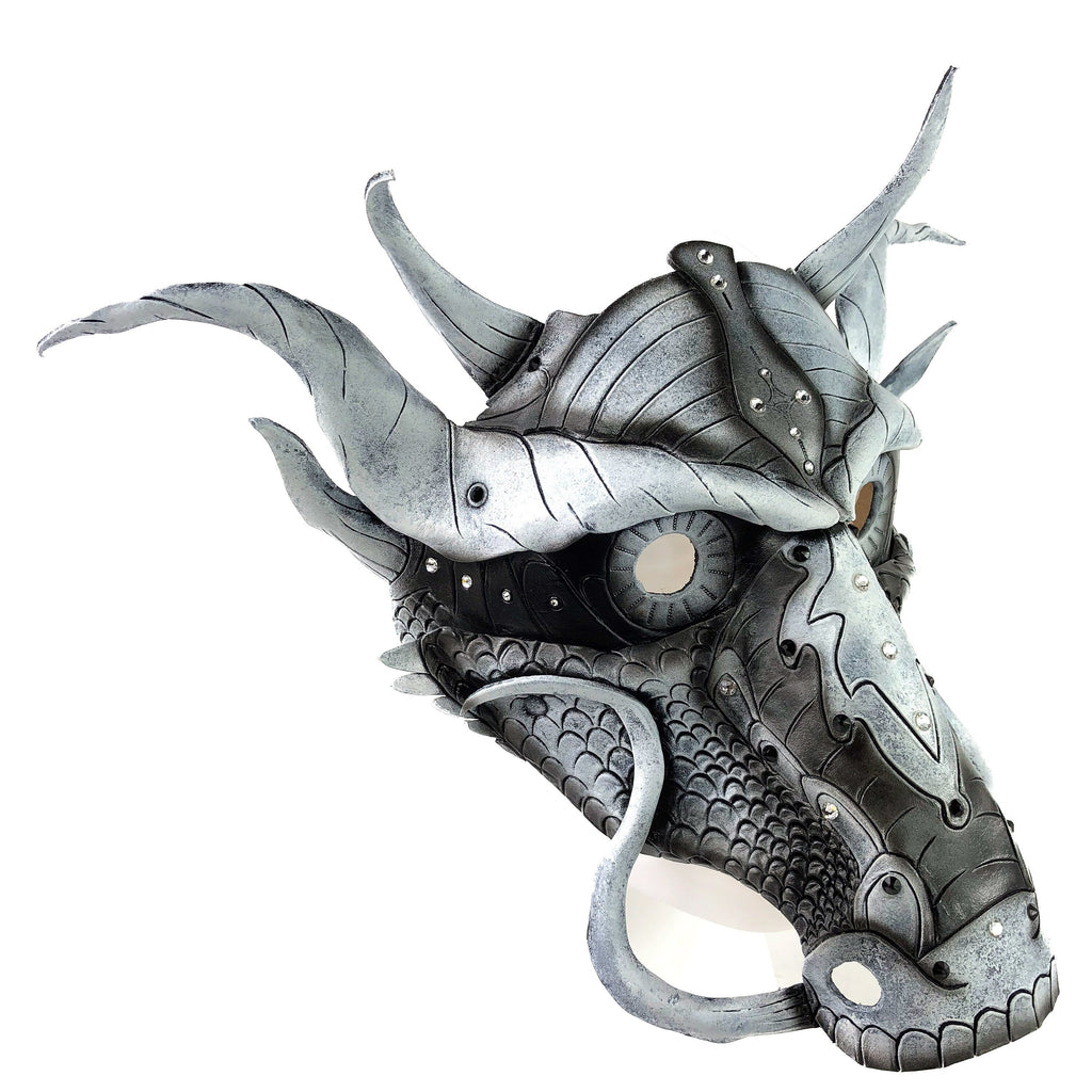 Grey Ancient Dragon Leather Mask with Swarovski Crystals Rockwell Masks