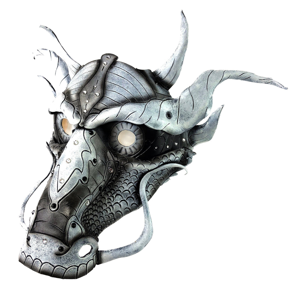 Grey Ancient Dragon Leather Mask with Swarovski Crystals Rockwell Masks
