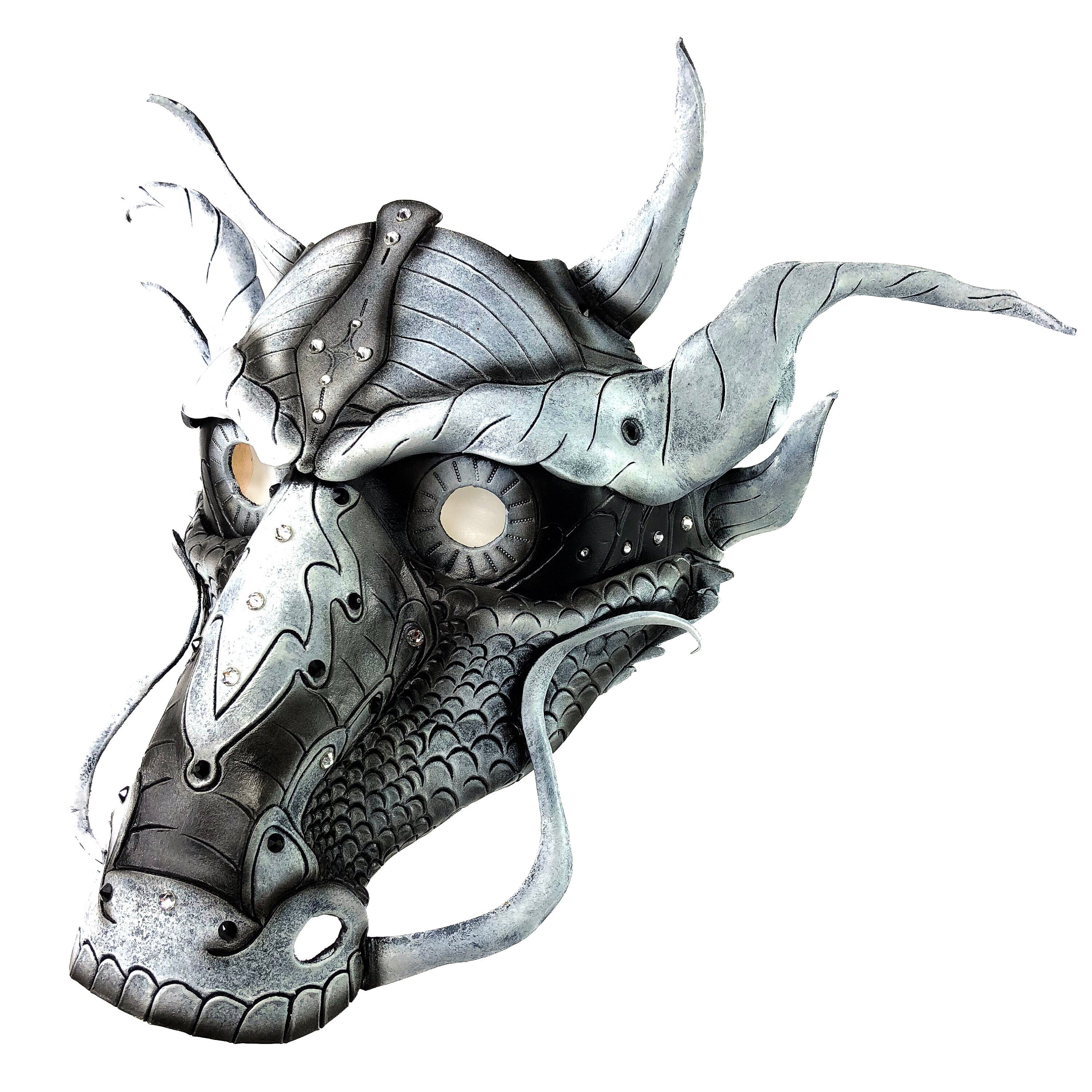 Grey Ancient Dragon Leather Mask with Swarovski Crystals Rockwell Masks