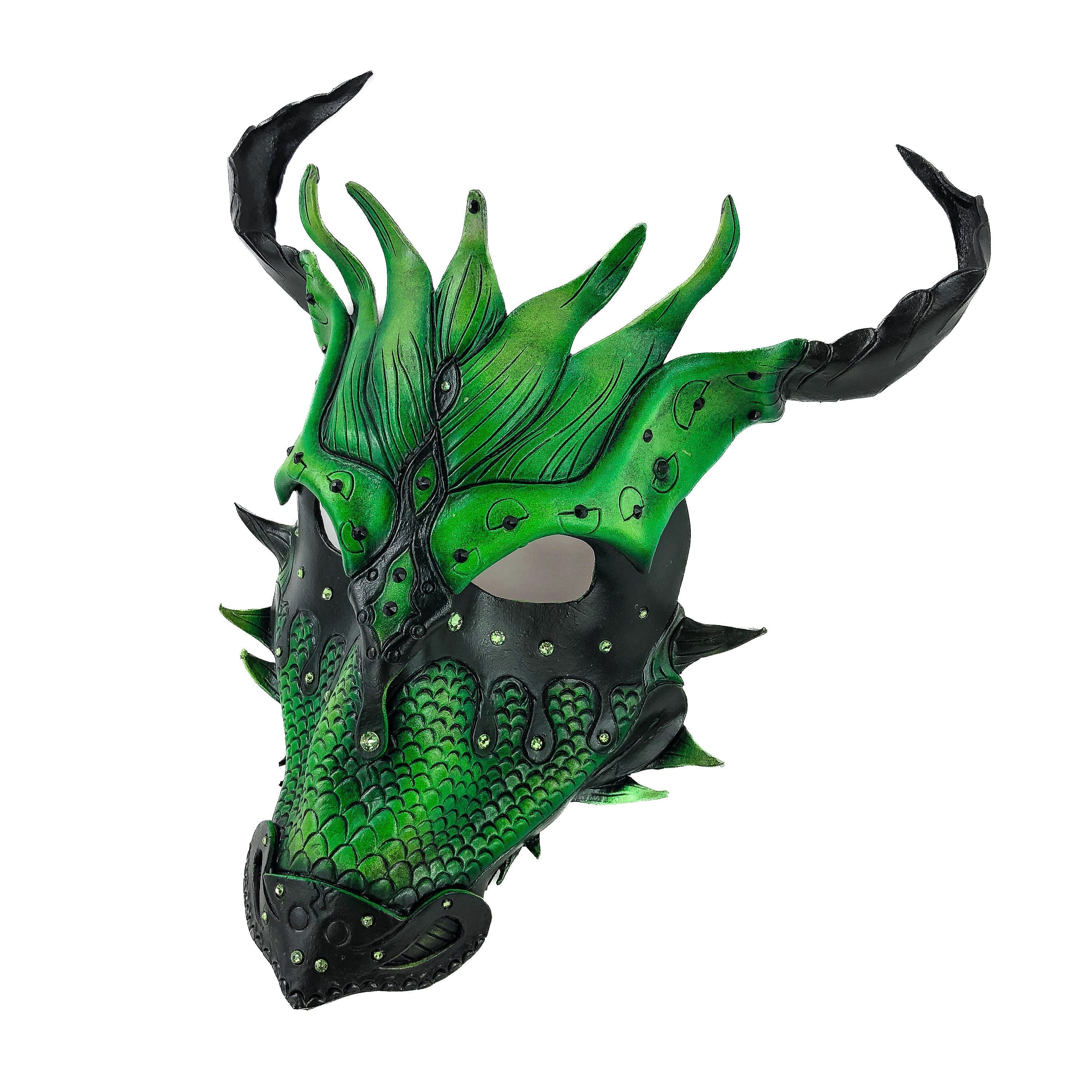 Green Ancient Dragon Leather Mask with Swarovski Crystals Rockwell Masks
