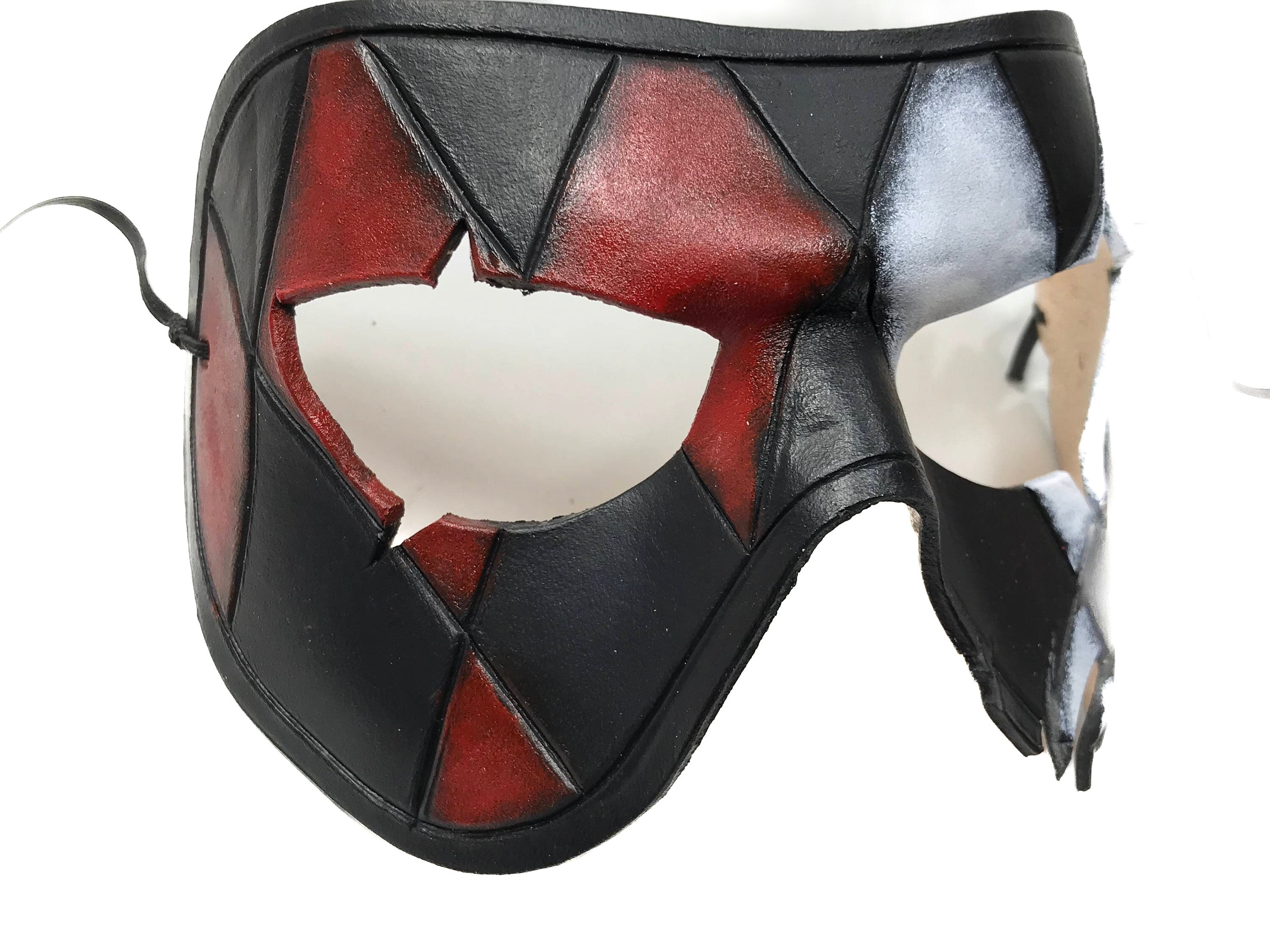 Harlequin Handmade Genuine Leather Mask in Red White Black and Gold Rockwell Masks