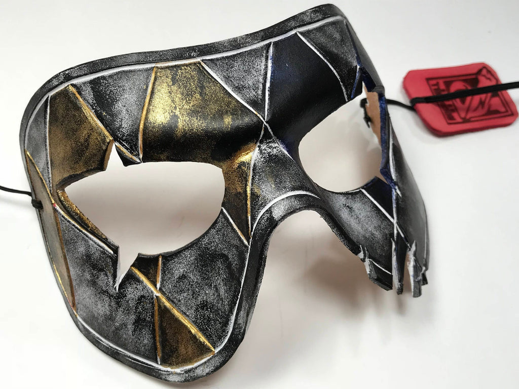 Harlequin Handmade Genuine Leather Mask in Blue White Black and Gold Rockwell Masks