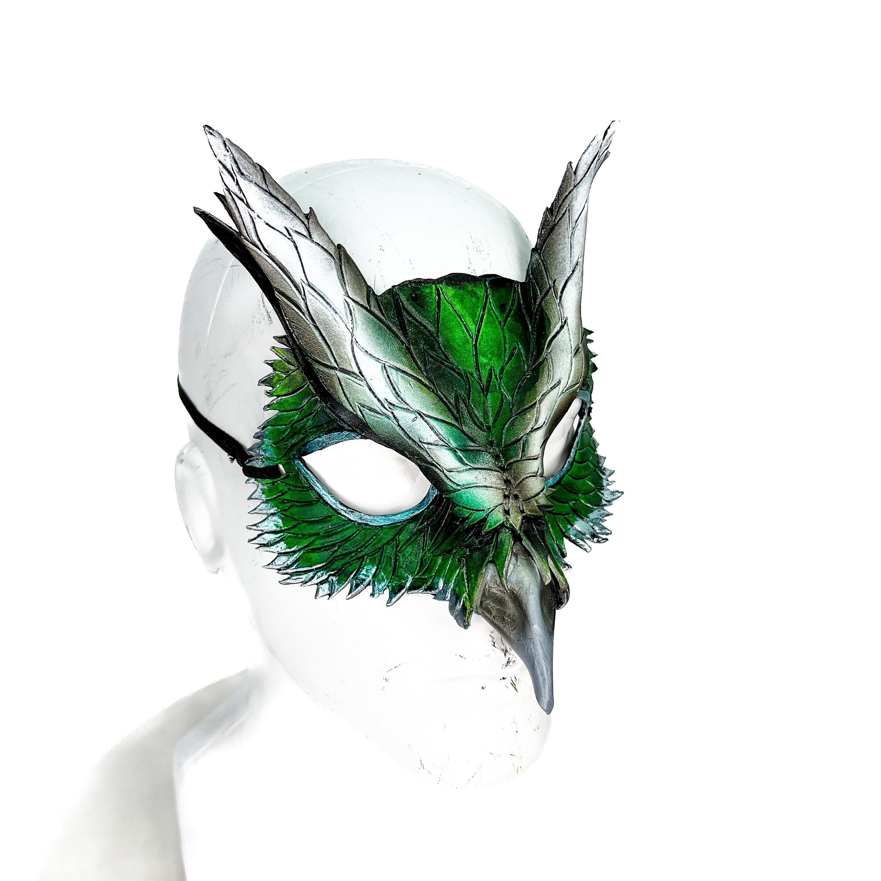 Layered Green Eagle Owl Handmade Genuine Leather Mask Rockwell Masks
