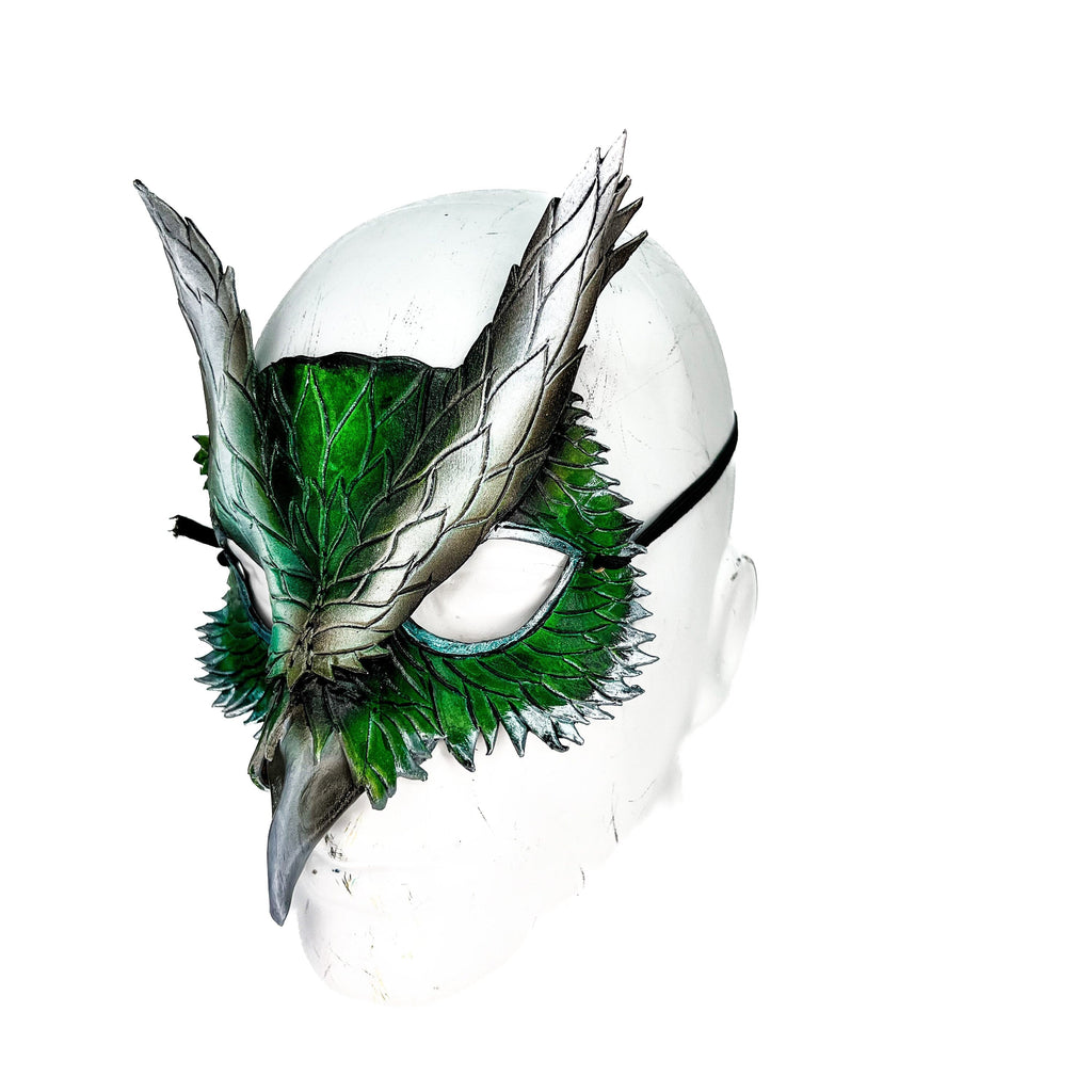 Layered Green Eagle Owl Handmade Genuine Leather Mask Rockwell Masks