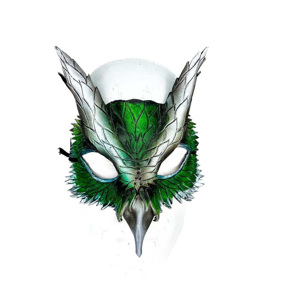 Layered Green Eagle Owl Handmade Genuine Leather Mask Rockwell Masks