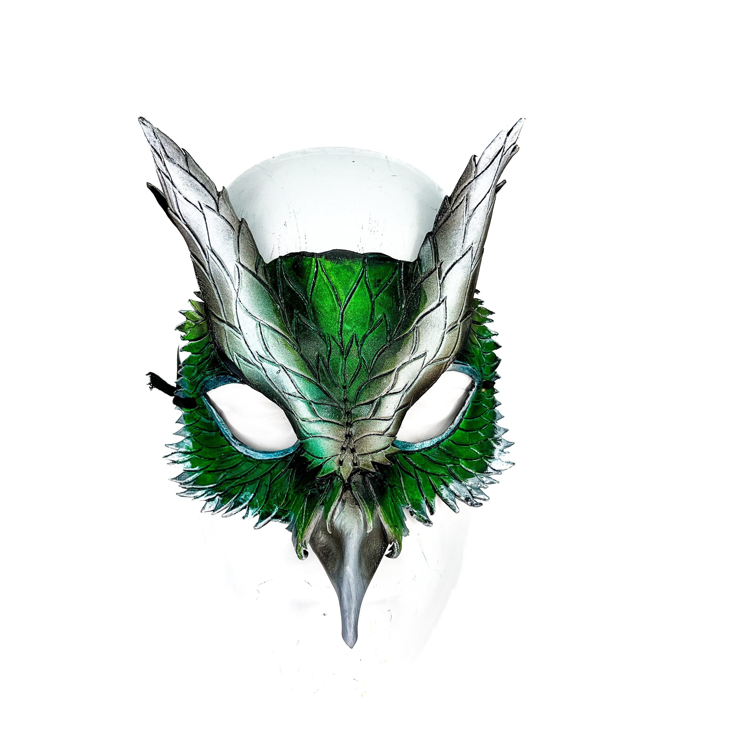 Layered Green Eagle Owl Handmade Genuine Leather Mask Rockwell Masks