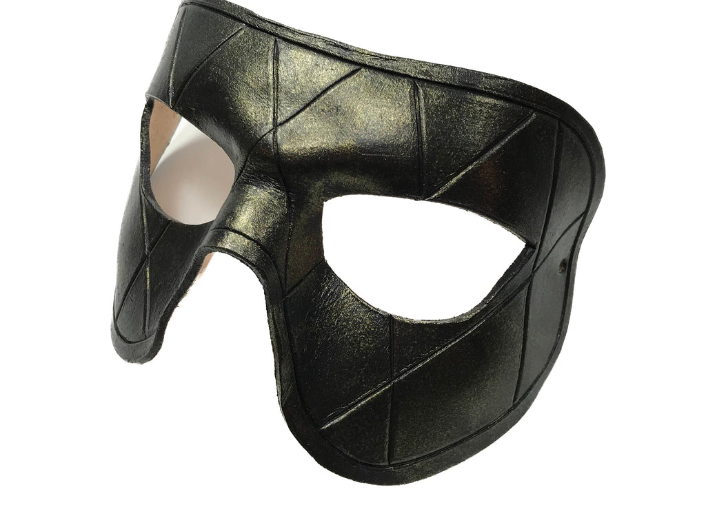Harlequin Handmade Genuine Leather Mask in Black with Gold Hues Rockwell Masks