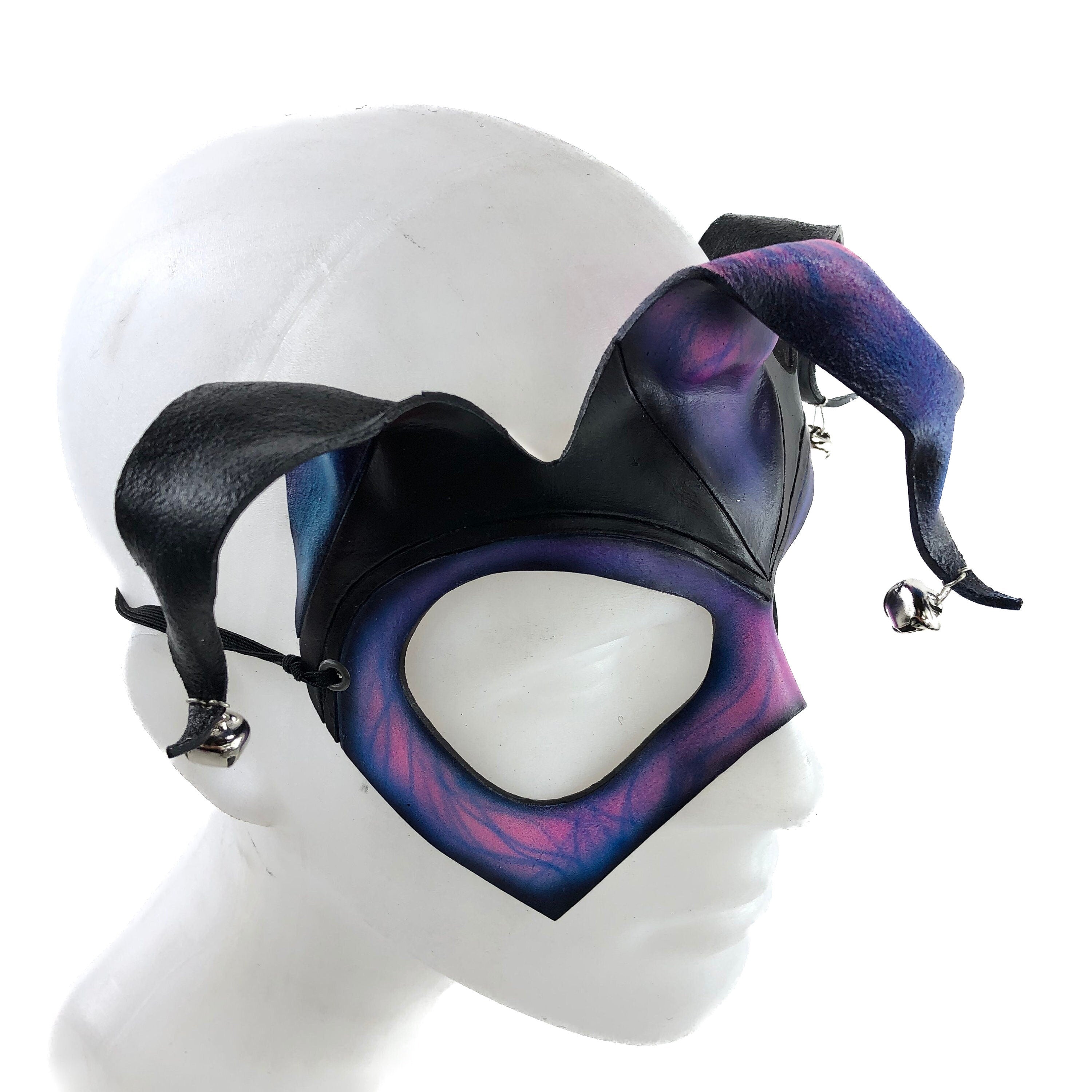 Handmade Genuine Leather Jester Mask in Blue and Pink Rockwell Masks