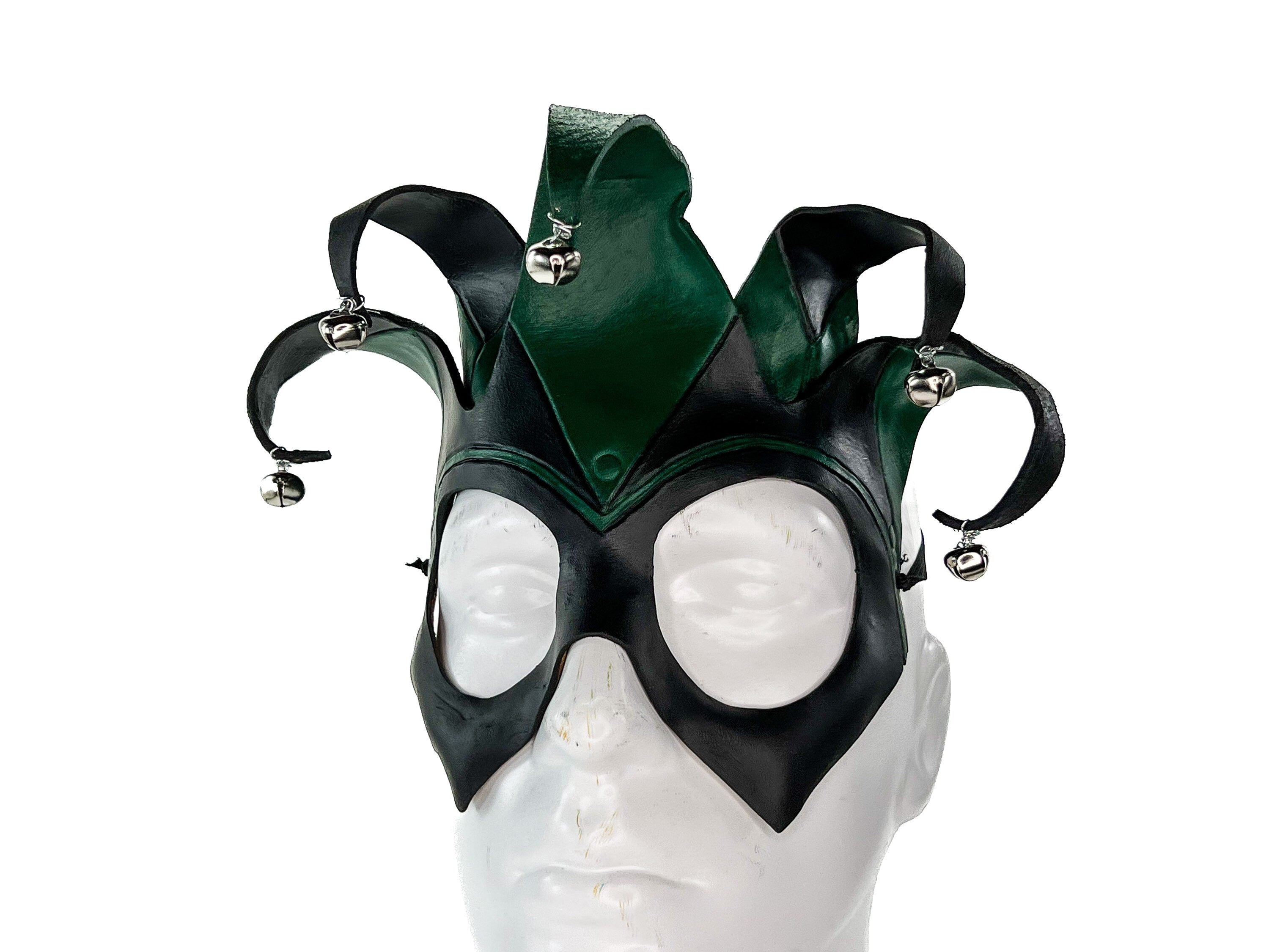 Handmade Genuine Leather Five Point Jester Mask in Green and Black Rockwell Masks