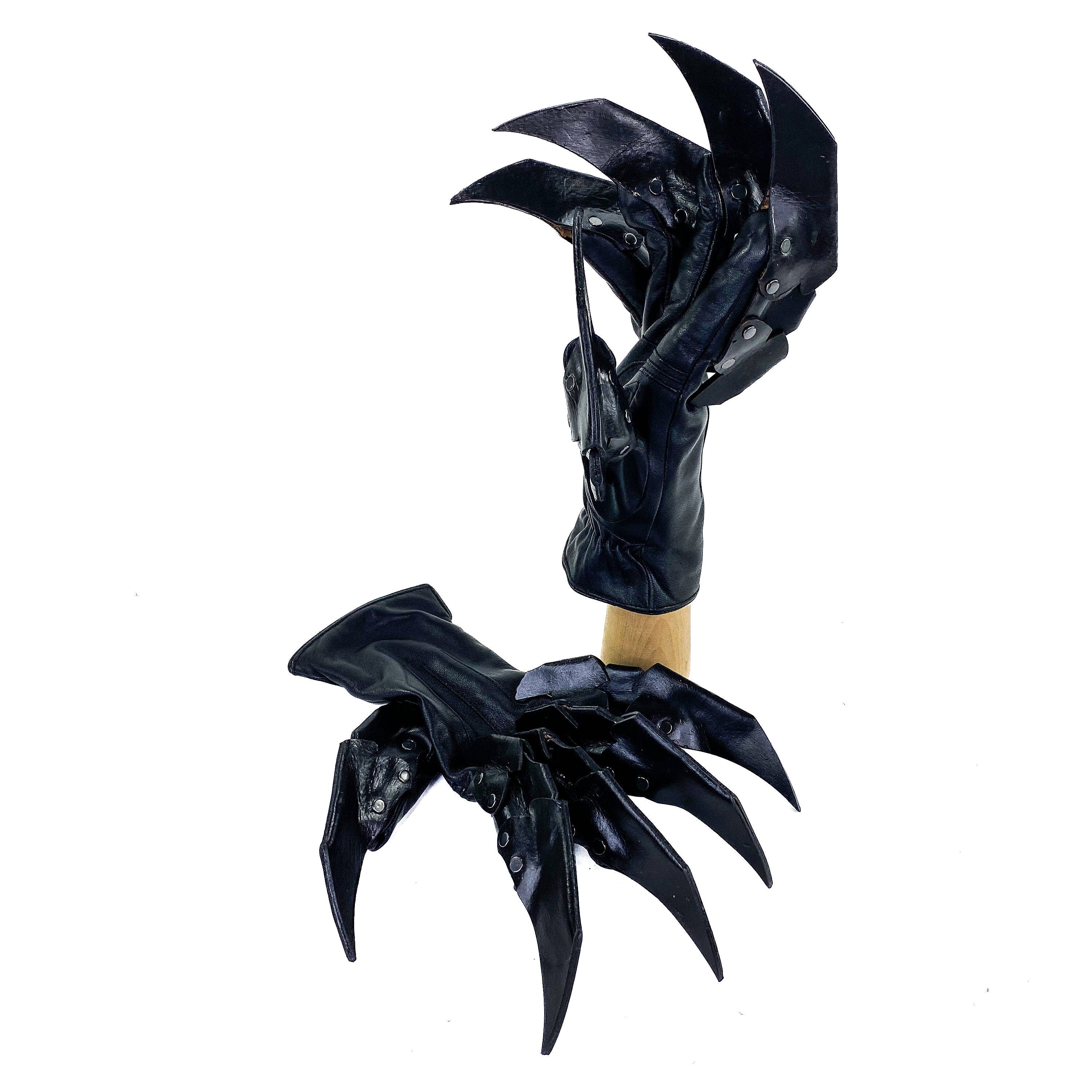 One Set of Two Handcrafted Genuine Leather Gloves with Claws in Black Rockwell Masks