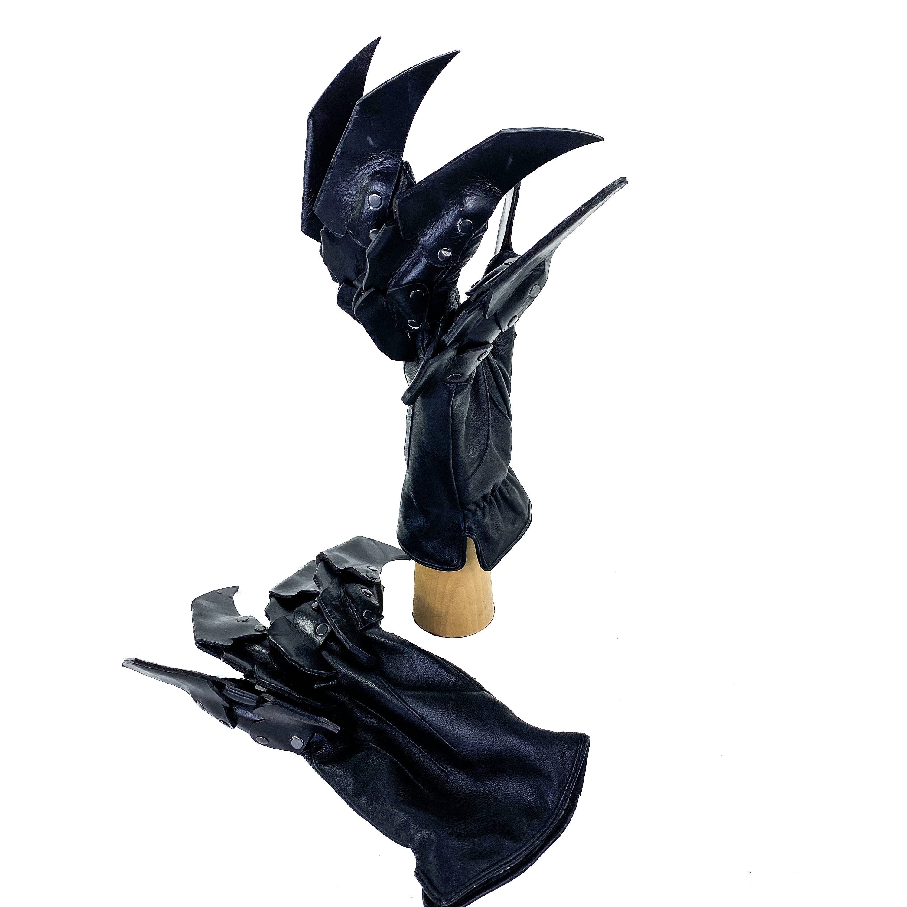 One Set of Two Handcrafted Genuine Leather Gloves with Claws in Black Rockwell Masks