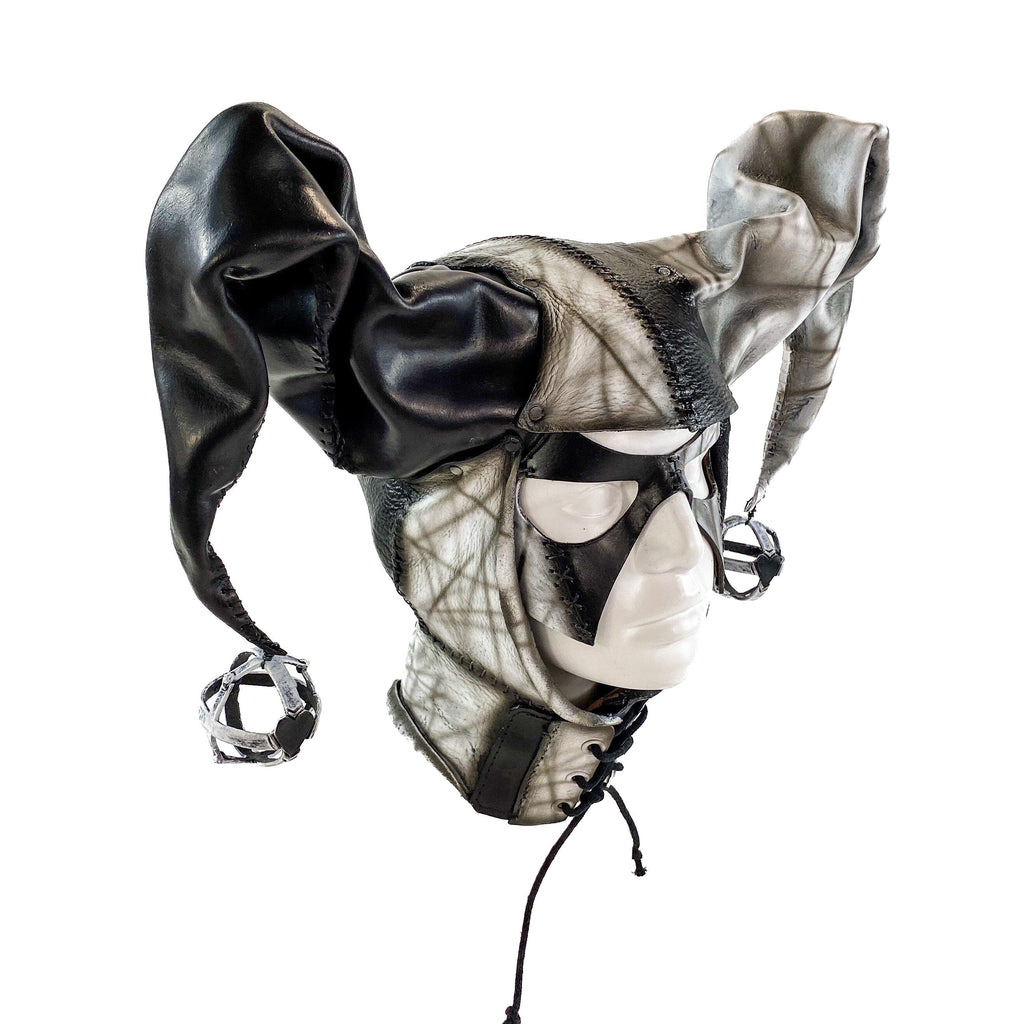 In Stock - Handcrafted Genuine Leather Jester Mask in Black and White Rockwell Masks